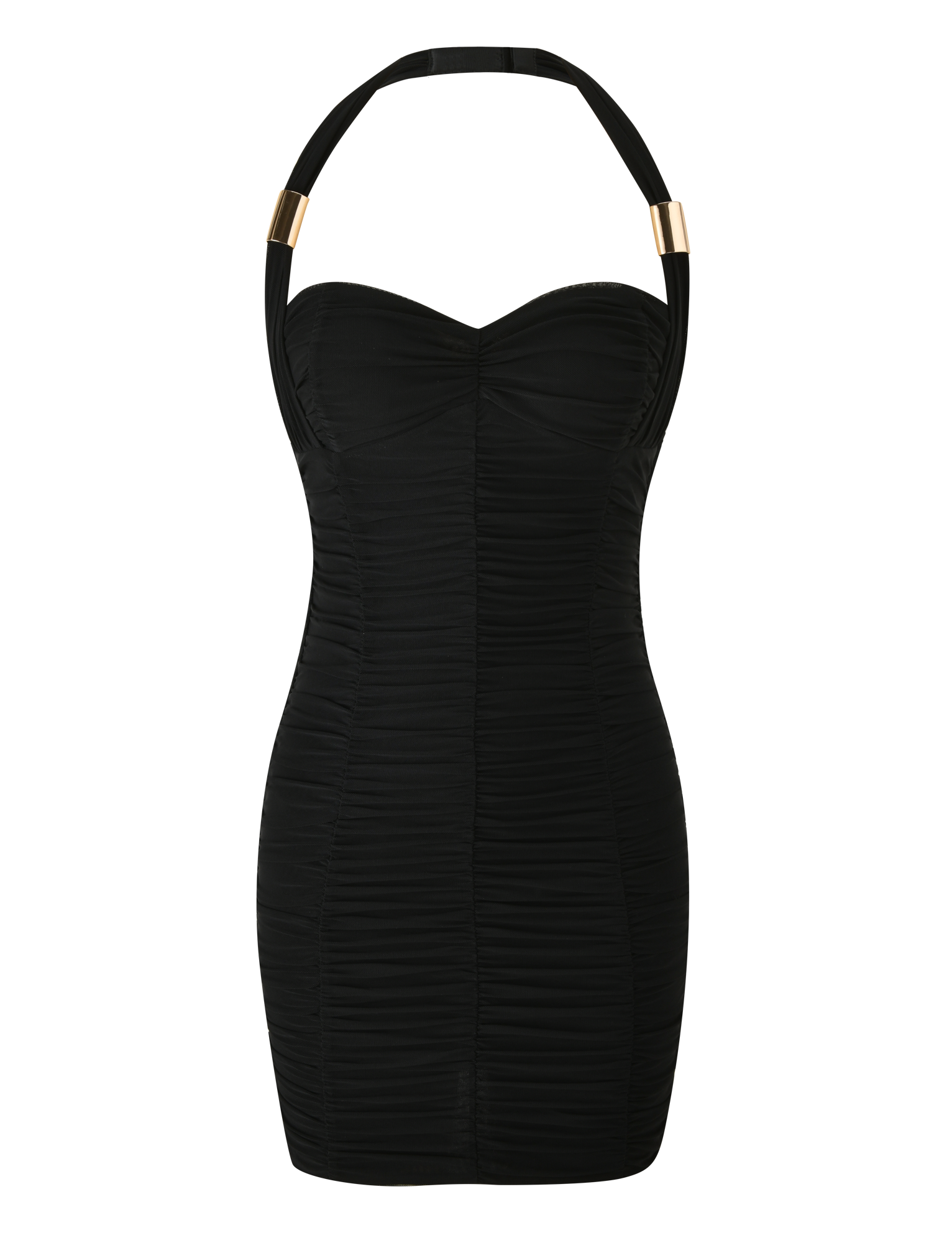 The TIGERMIST BRIALLEN MINI DRESS in black is a sculpting dress with ruched fabric, a sweetheart neckline, and an adjustable halter neck with gold accents.