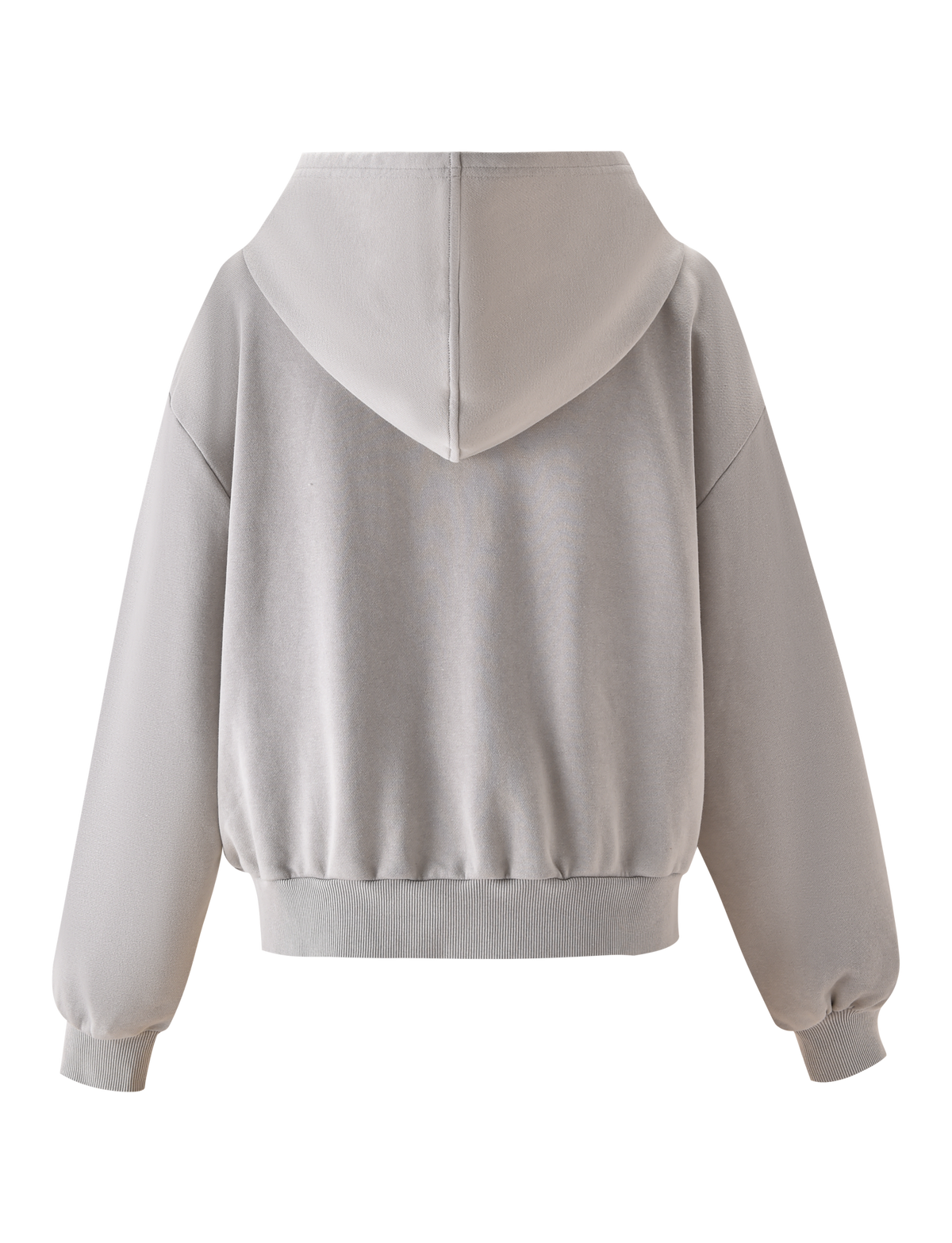 The PAYTON HOODIE - STONE by TIGERMIST is displayed from the back, showcasing a relaxed fit with ribbed cuffs and waistband, made from lightweight terry for a vintage-inspired look.