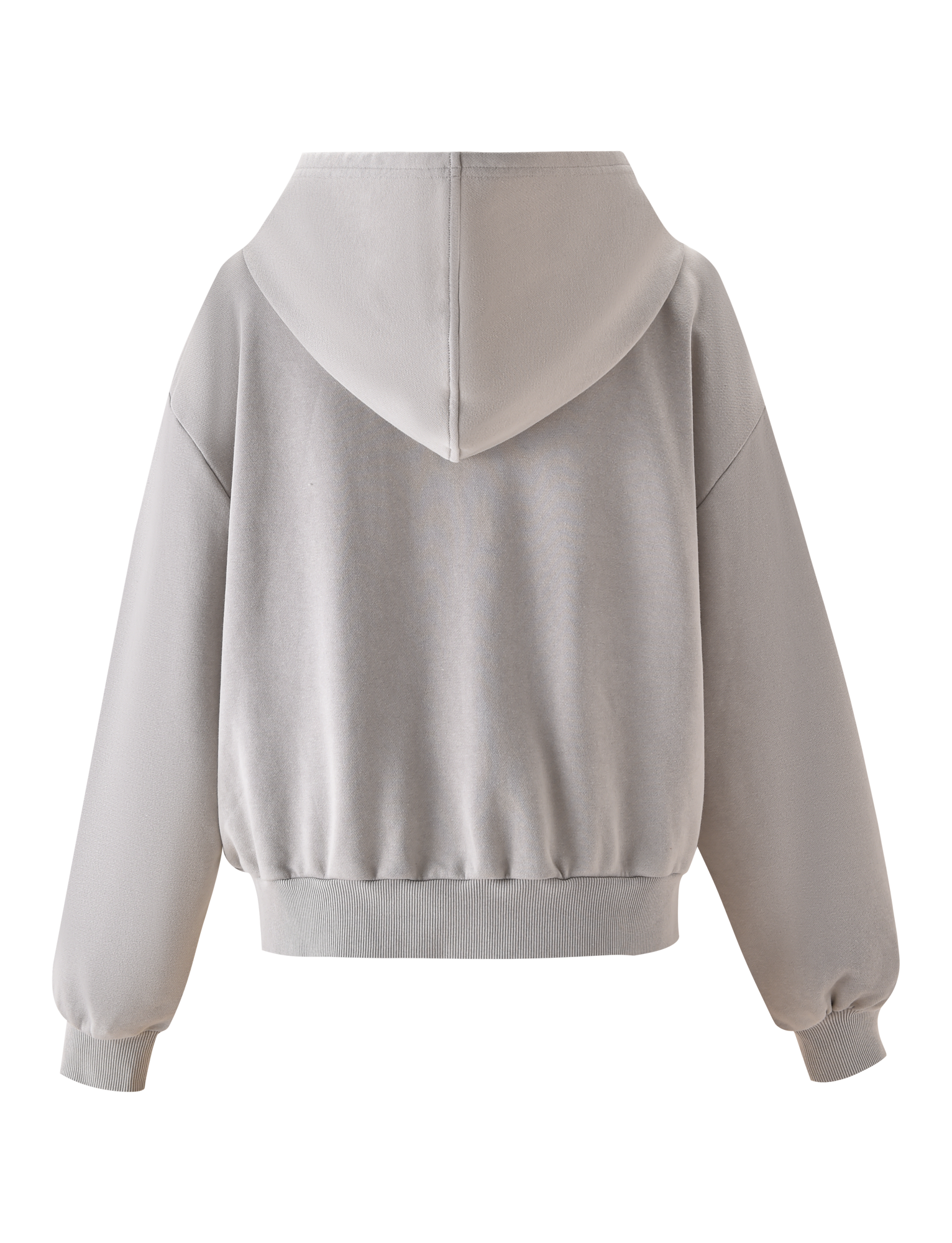 The PAYTON HOODIE - STONE by TIGERMIST is displayed from the back, showcasing a relaxed fit with ribbed cuffs and waistband, made from lightweight terry for a vintage-inspired look.