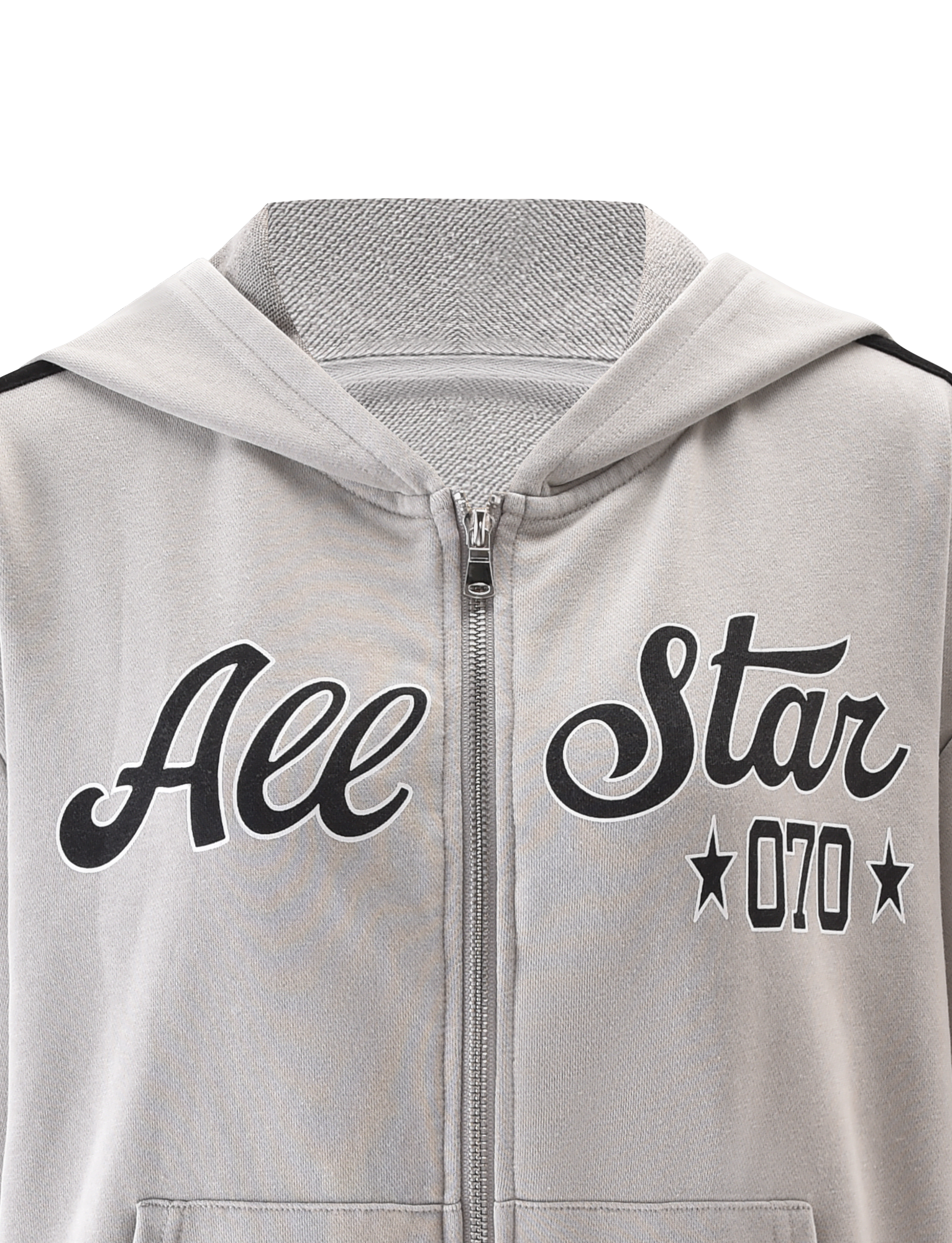 A close-up of the TIGERMIST PAYTON HOODIE - STONE, a light gray zip-up hoodie with bold black "All Star" and "070" text on the chest, plus two stars for a vintage-inspired look.