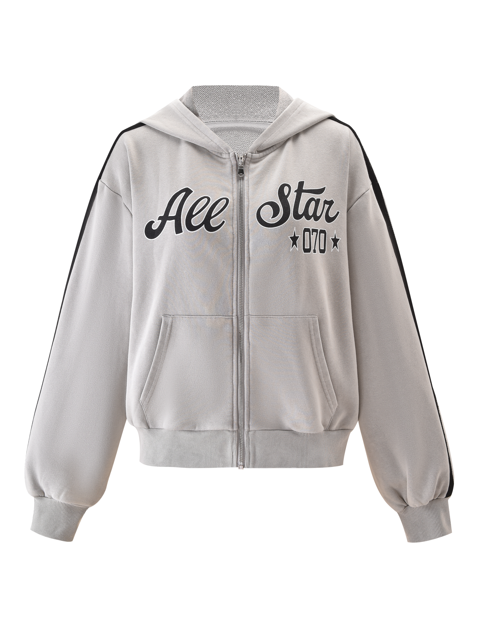 The PAYTON HOODIE - STONE by TIGERMIST is a light gray, vintage-style 100% cotton hoodie with front pockets, black "All Star 070" text and stars on the chest, plus bold black stripes on the shoulders and sleeves.