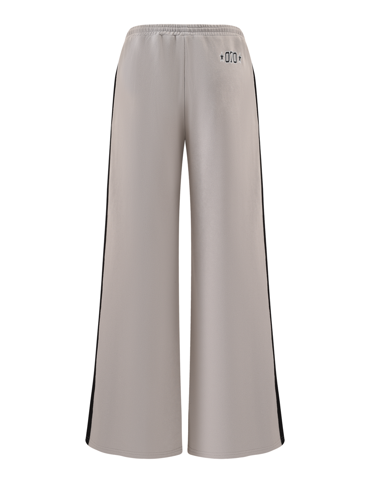 The PAYTON TRACKPANT - STONE by TIGERMIST features a sporty grey design with wide legs, black side panels, an elastic waistband, and subtle black symbols at the back waist, shown against a white background.