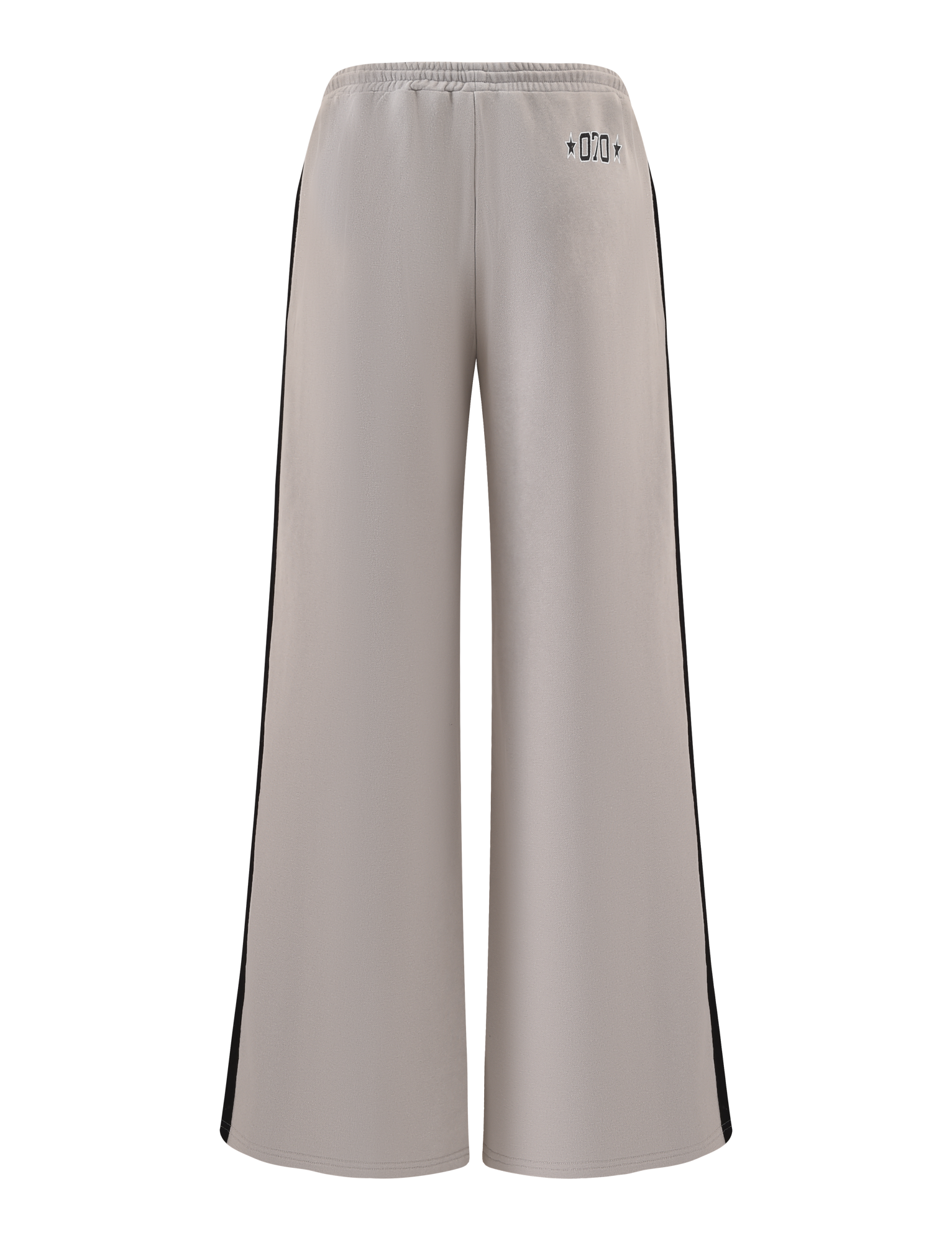 The PAYTON TRACKPANT - STONE by TIGERMIST features a sporty grey design with wide legs, black side panels, an elastic waistband, and subtle black symbols at the back waist, shown against a white background.