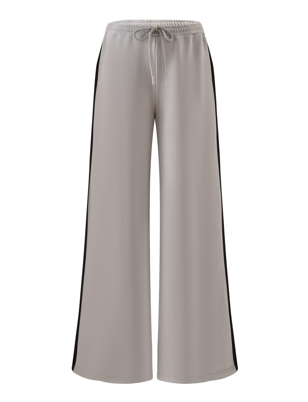 The PAYTON TRACKPANT - STONE by TIGERMIST features light gray cotton, an elastic waistband with drawstring, and black side stripes for a modern sporty look. Shown here against a plain white background.