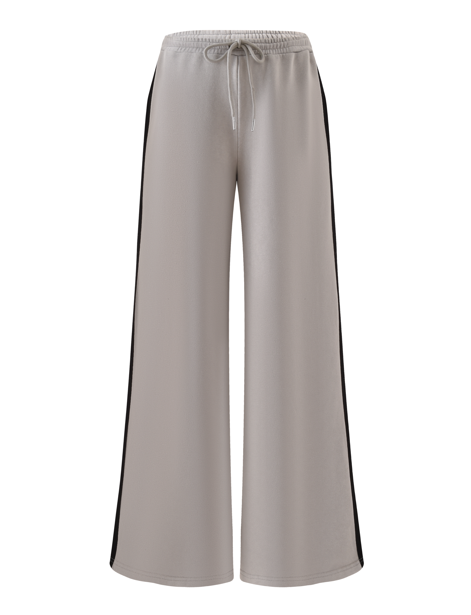 The PAYTON TRACKPANT - STONE by TIGERMIST features light gray cotton, an elastic waistband with drawstring, and black side stripes for a modern sporty look. Shown here against a plain white background.