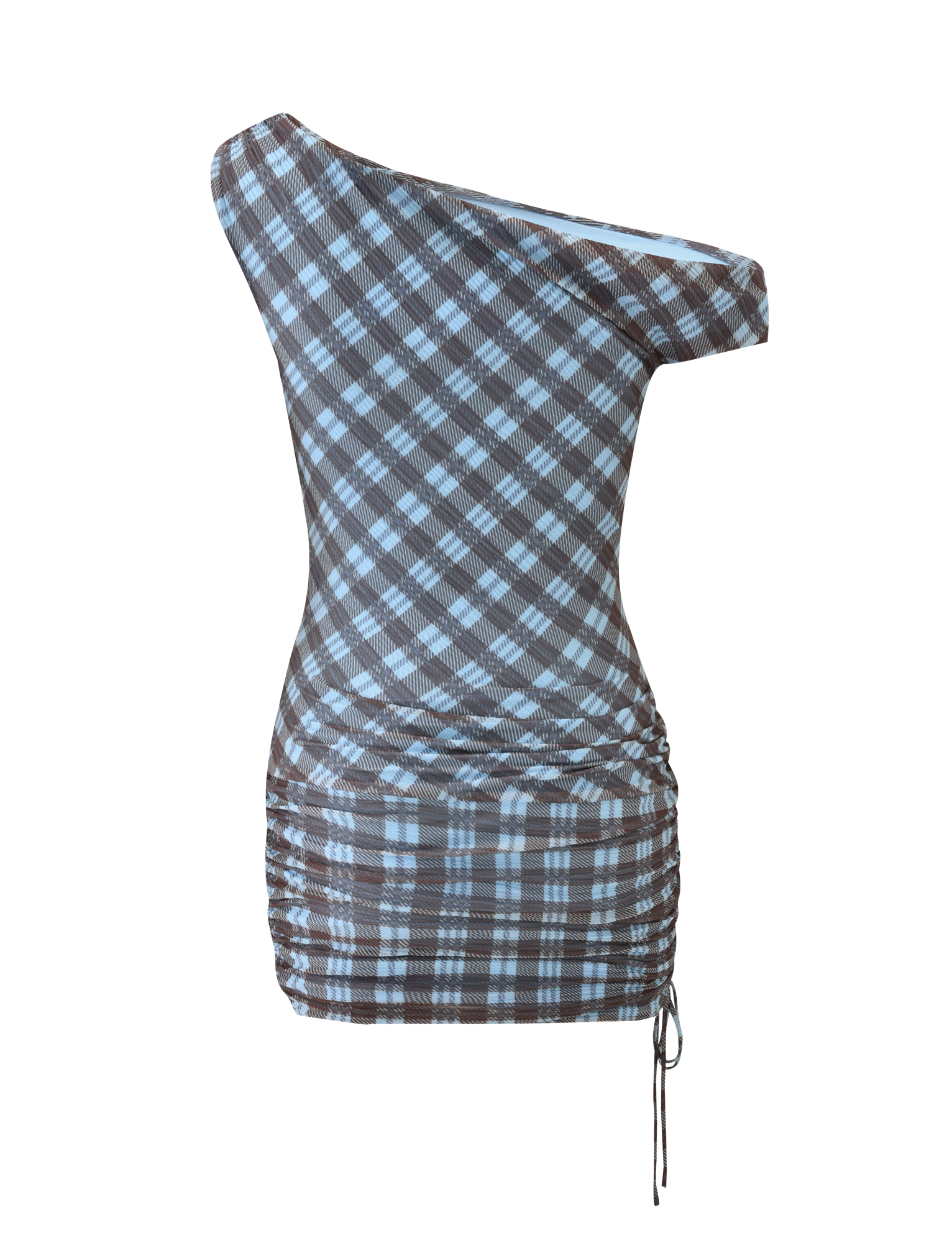 The TIGERMIST WINSLOW MINI DRESS features a fitted, asymmetrical neckline, blue check pattern, ruched sides, and an adjustable drawstring on one side.