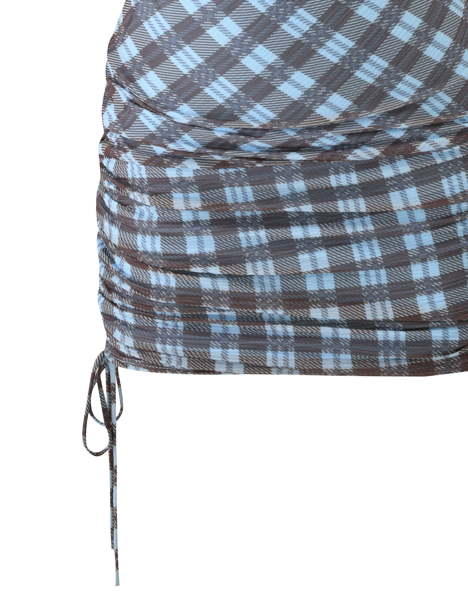 Close-up of the TIGERMIST WINSLOW MINI DRESS in blue check, showcasing a ruched waist and left-side drawstring detail, set against a plain white background.