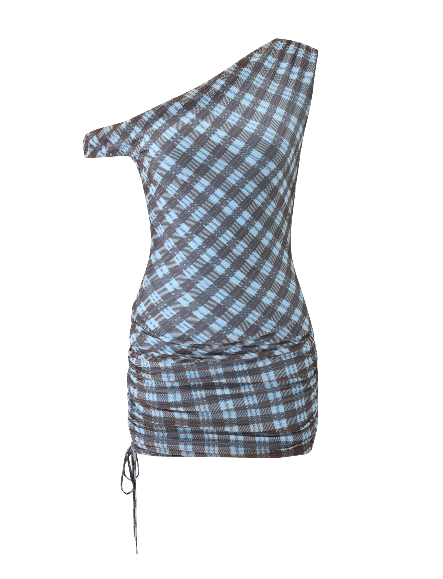 The TIGERMIST WINSLOW MINI DRESS - BLUE CHECK is a sleeveless, blue and brown plaid off-shoulder dress with an asymmetrical neckline, side ruching, and an adjustable drawstring for a flattering fit.