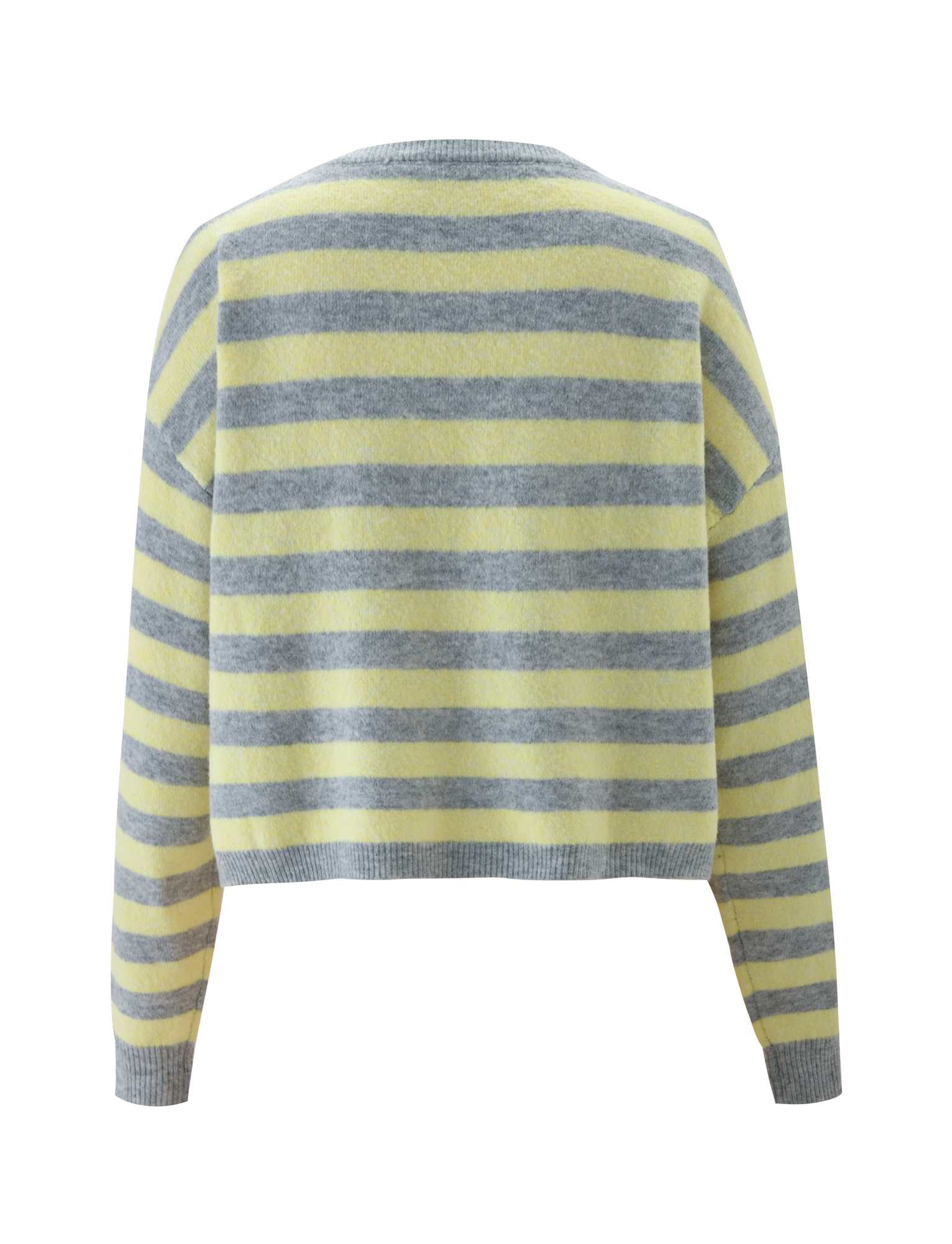 Back view of the TIGERMIST KOA Jumper, featuring yellow and grey horizontal stripes, a relaxed oversized fit, and ribbed cuffs and hem.
