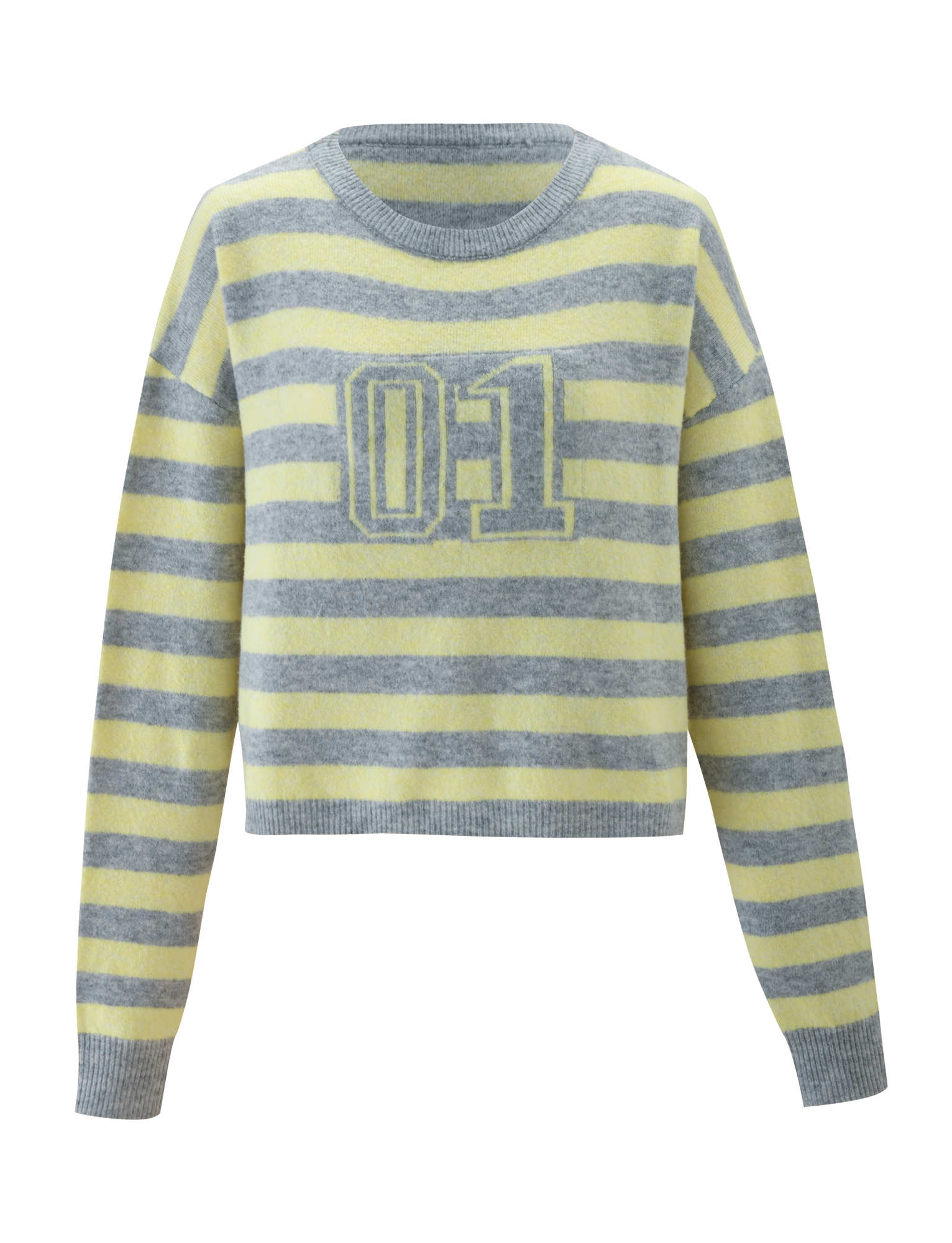 The KOA JUMPER by TIGERMIST is an oversized, long-sleeve knit sweater with yellow and grey stripes, a sporty "01" chest print, and gray ribbed cuffs, neckline, and hem.