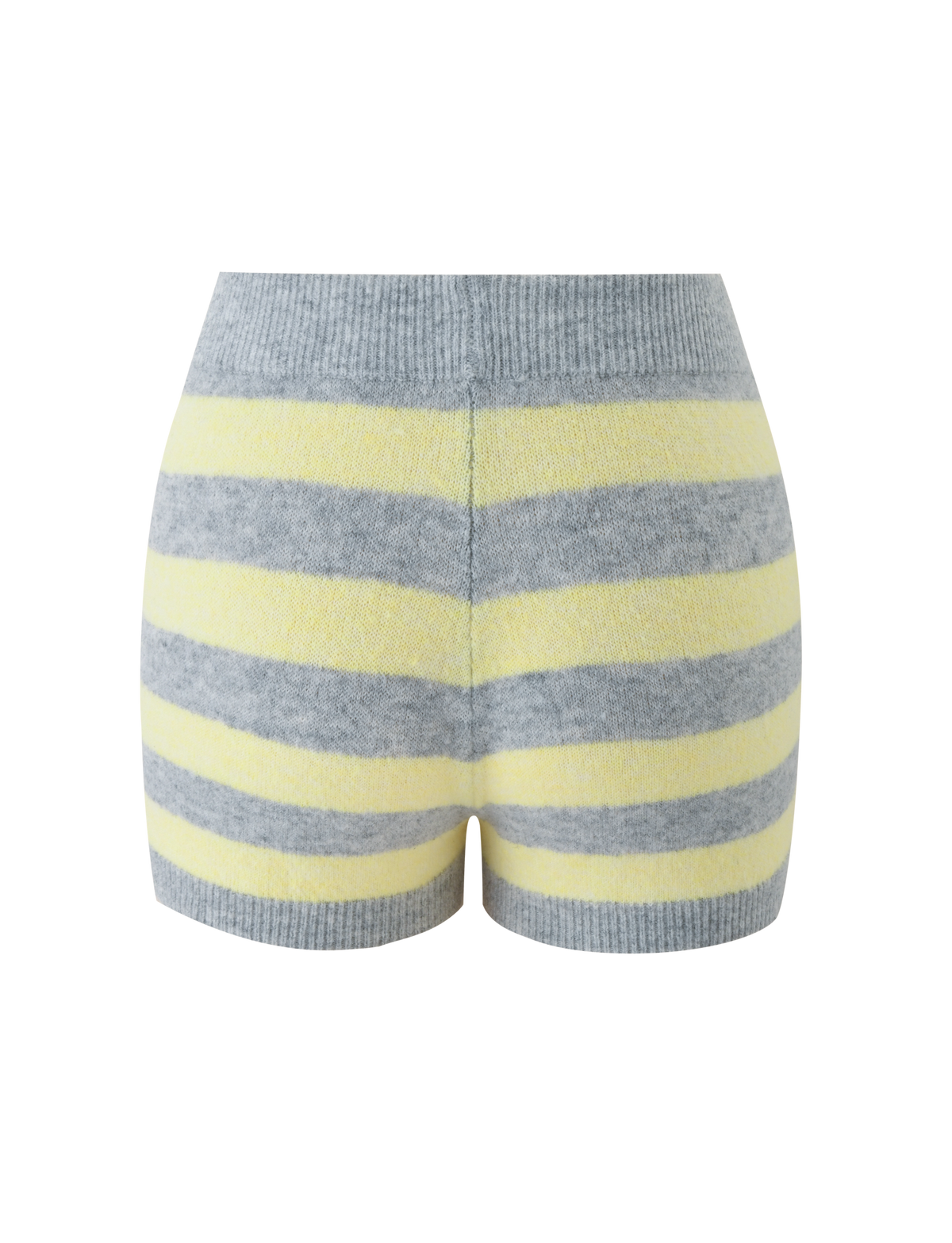 The KOA SHORT - YELLOW AND GREY STRIPE by TIGERMIST features super soft knit fabric, a mid-rise fit, and horizontal gray and yellow stripes. Shown from the back against a plain white background.
