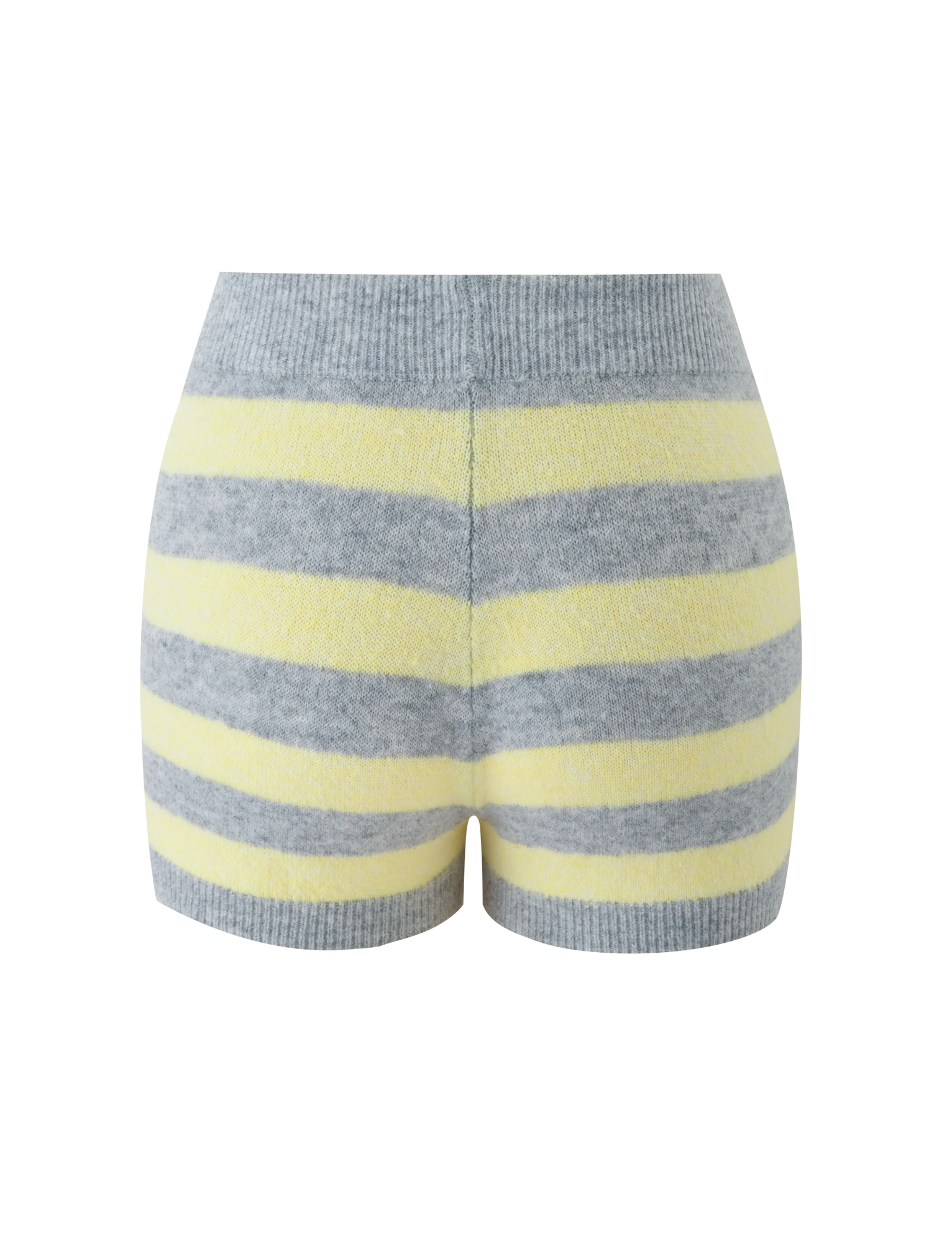 The KOA SHORT - YELLOW AND GREY STRIPE by TIGERMIST features super soft knit fabric, a mid-rise fit, and horizontal gray and yellow stripes. Shown from the back against a plain white background.