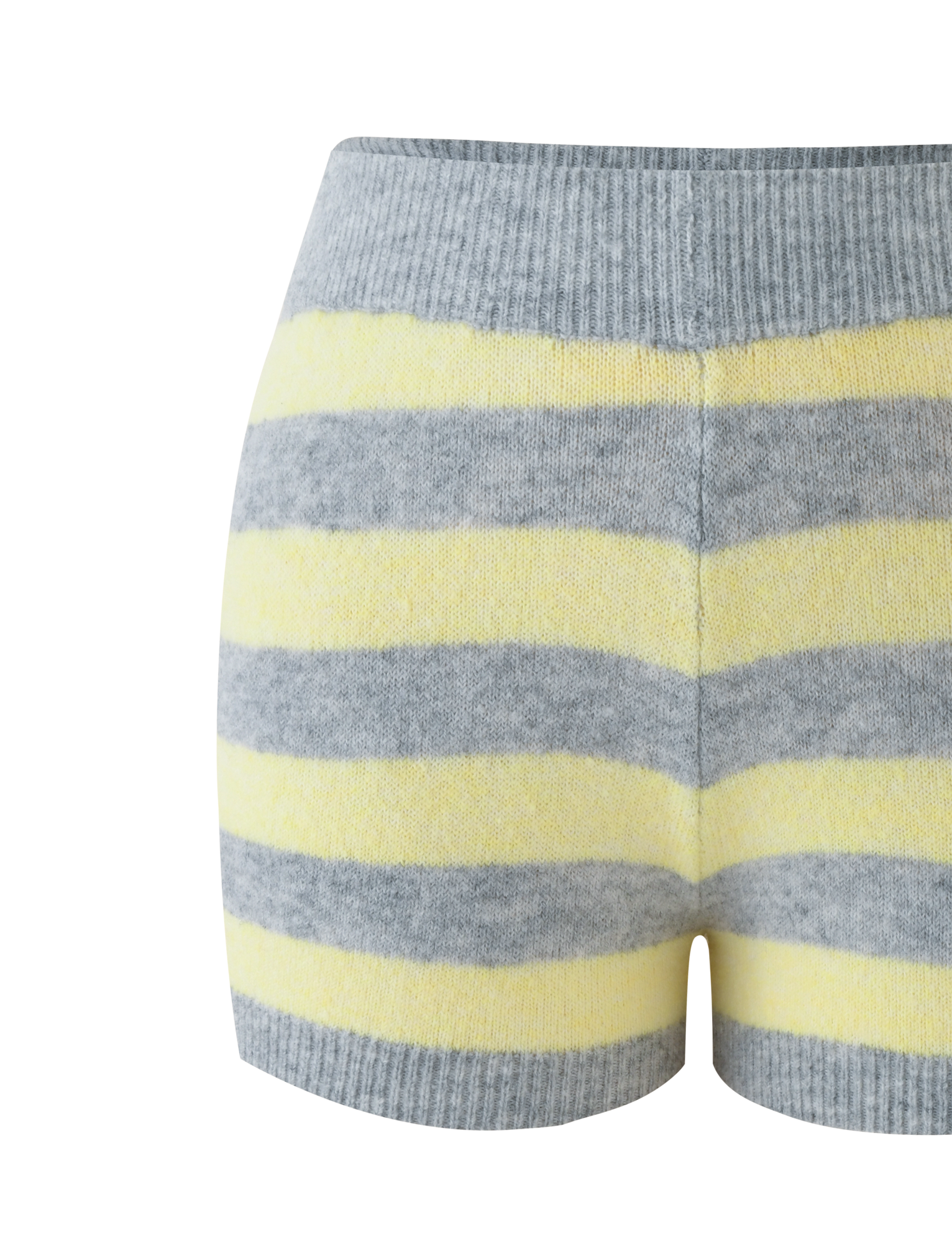Close-up of the TIGERMIST KOA SHORT - YELLOW AND GREY STRIPE, featuring a mid-rise fit, horizontal stripes in light gray and pale yellow, and a wide ribbed waistband in super soft knit material.