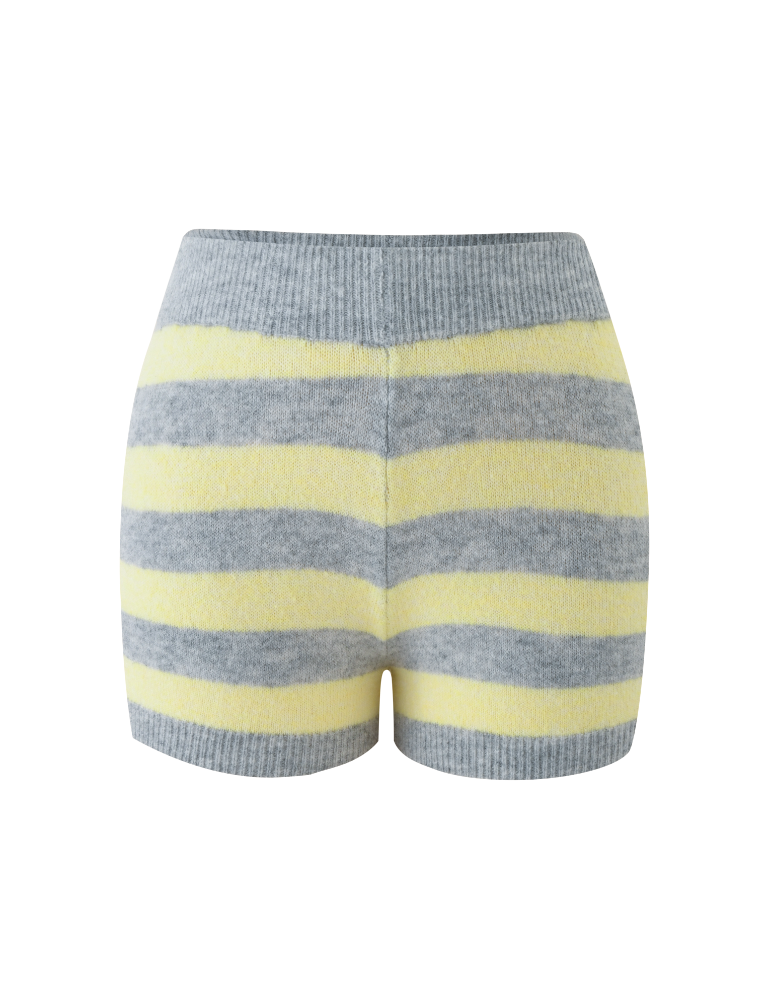 The KOA SHORT by TIGERMIST features a super soft knit, high waist, and wide yellow and grey stripes. Cozy texture with ribbed waist and leg openings for extra comfort.