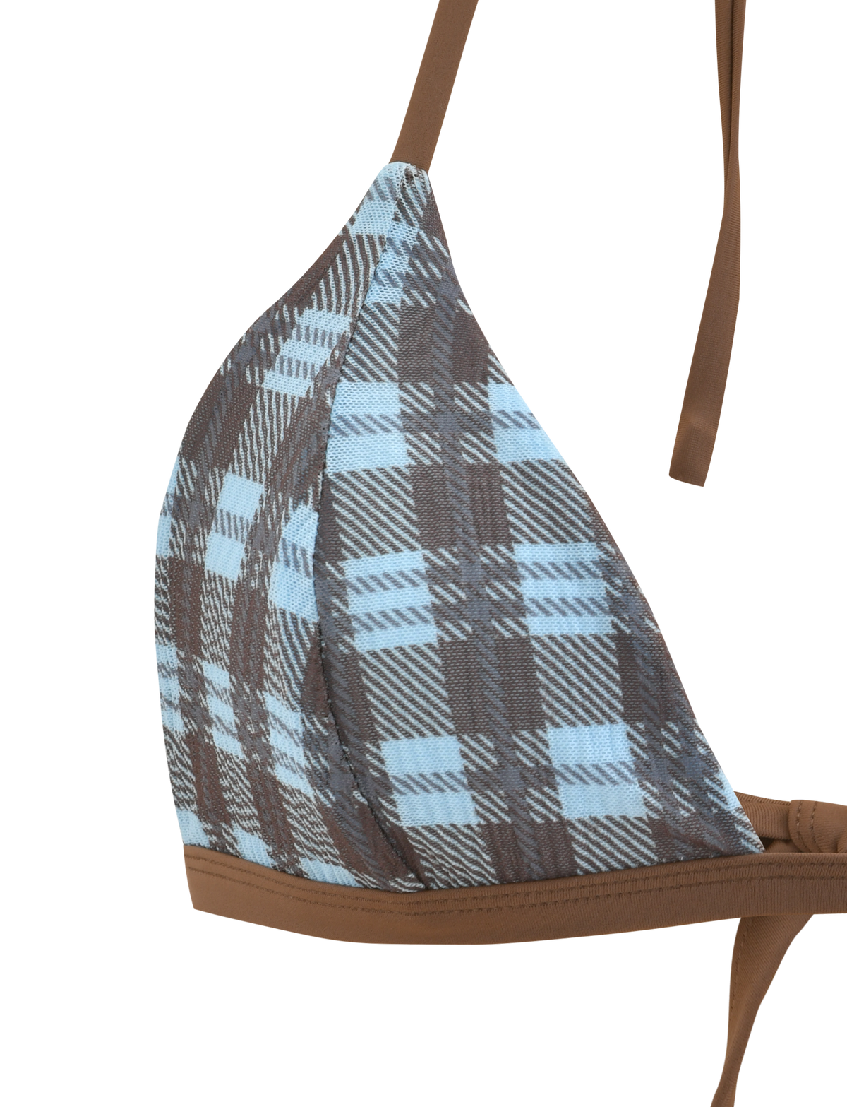 Close-up of the TIGERMIST CITRINE BIKINI TOP - BLUE CHECK, featuring blue check print with solid brown straps and trim, adjustable halter design. Shown against a plain white background.