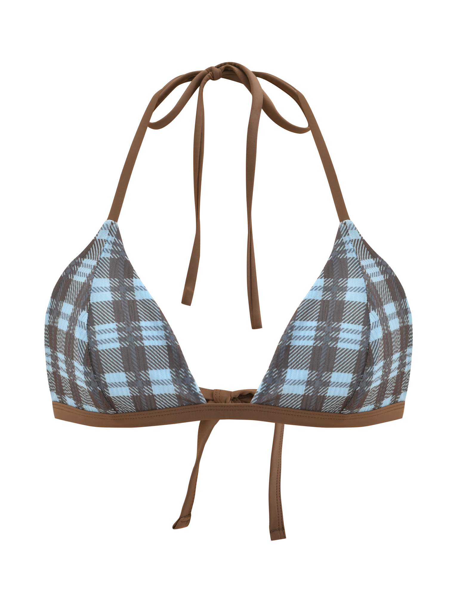 The TIGERMIST CITRINE BIKINI TOP - BLUE CHECK features blue plaid fabric with solid brown contrast straps. This adjustable halter bikini ties at the neck and back for a custom fit. Shown on a white background.