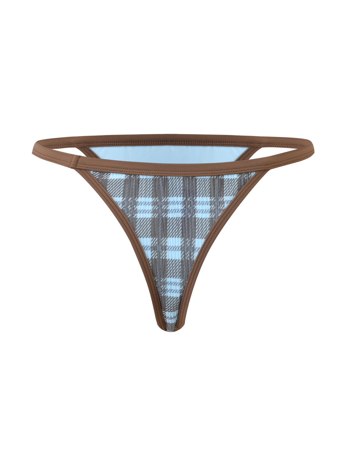 The TIGERMIST CITRINE BIKINI BOTTOM - BLUE CHECK is a low-rise bikini bottom featuring a playful blue and brown checkered pattern with brown trim.