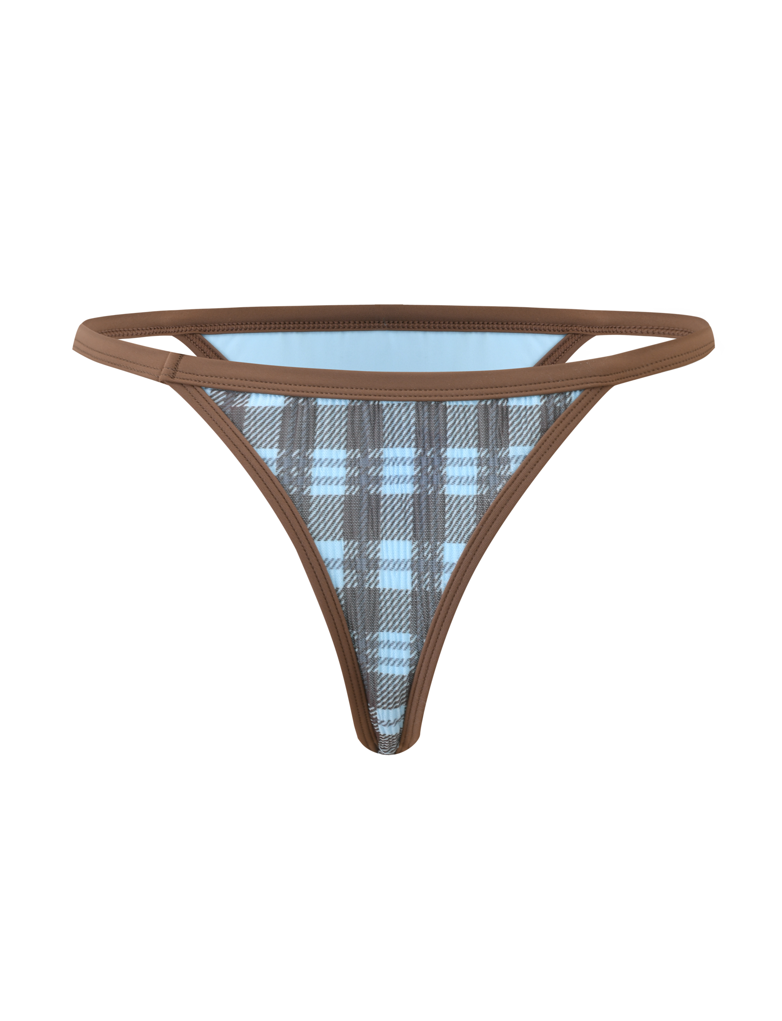 The TIGERMIST CITRINE BIKINI BOTTOM - BLUE CHECK is a low-rise bikini bottom featuring a playful blue and brown checkered pattern with brown trim.