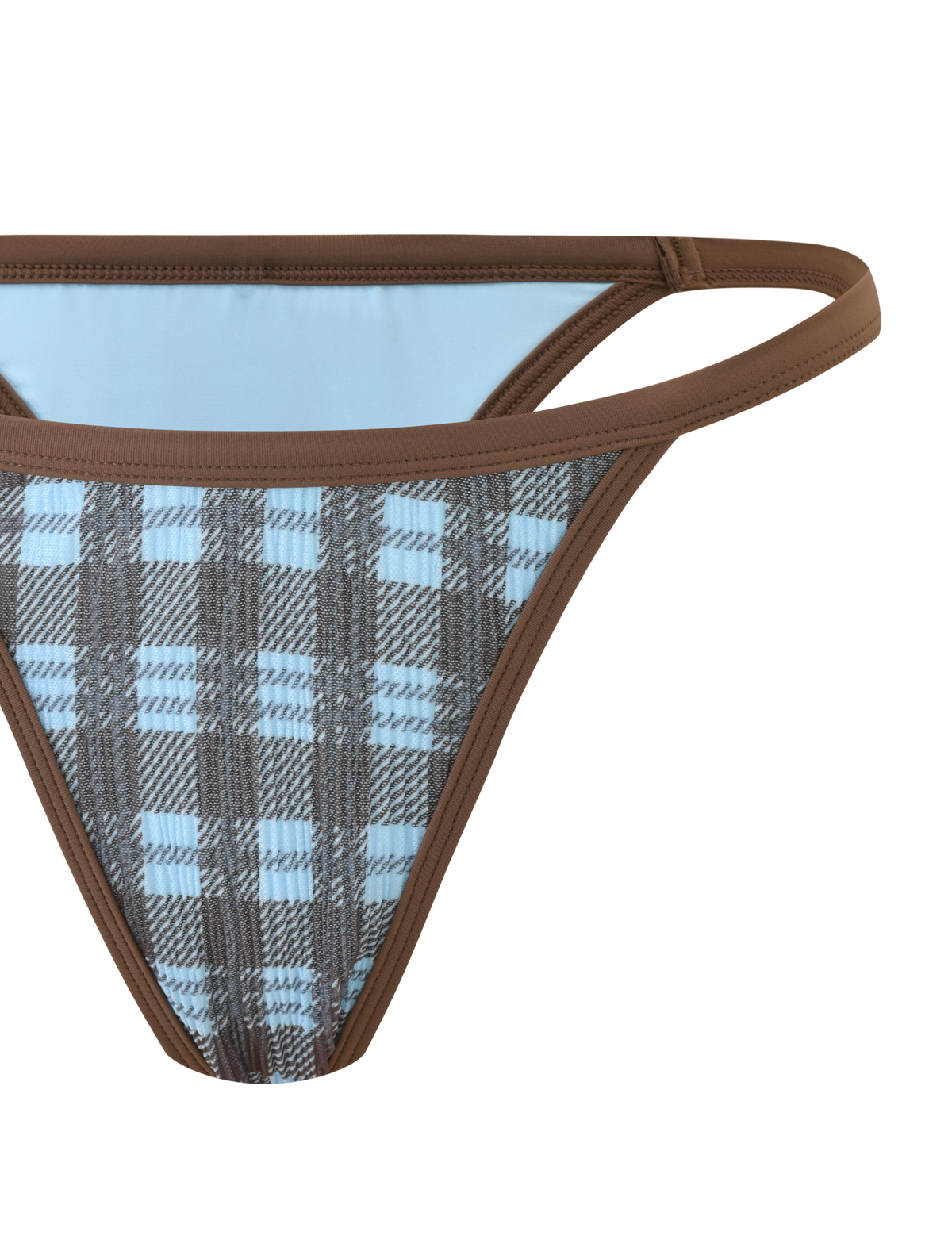 Close-up of the TIGERMIST CITRINE BIKINI BOTTOM - BLUE CHECK: a low-rise bikini bottom with blue check pattern, brown trim, and double side straps, shown against a plain light background.