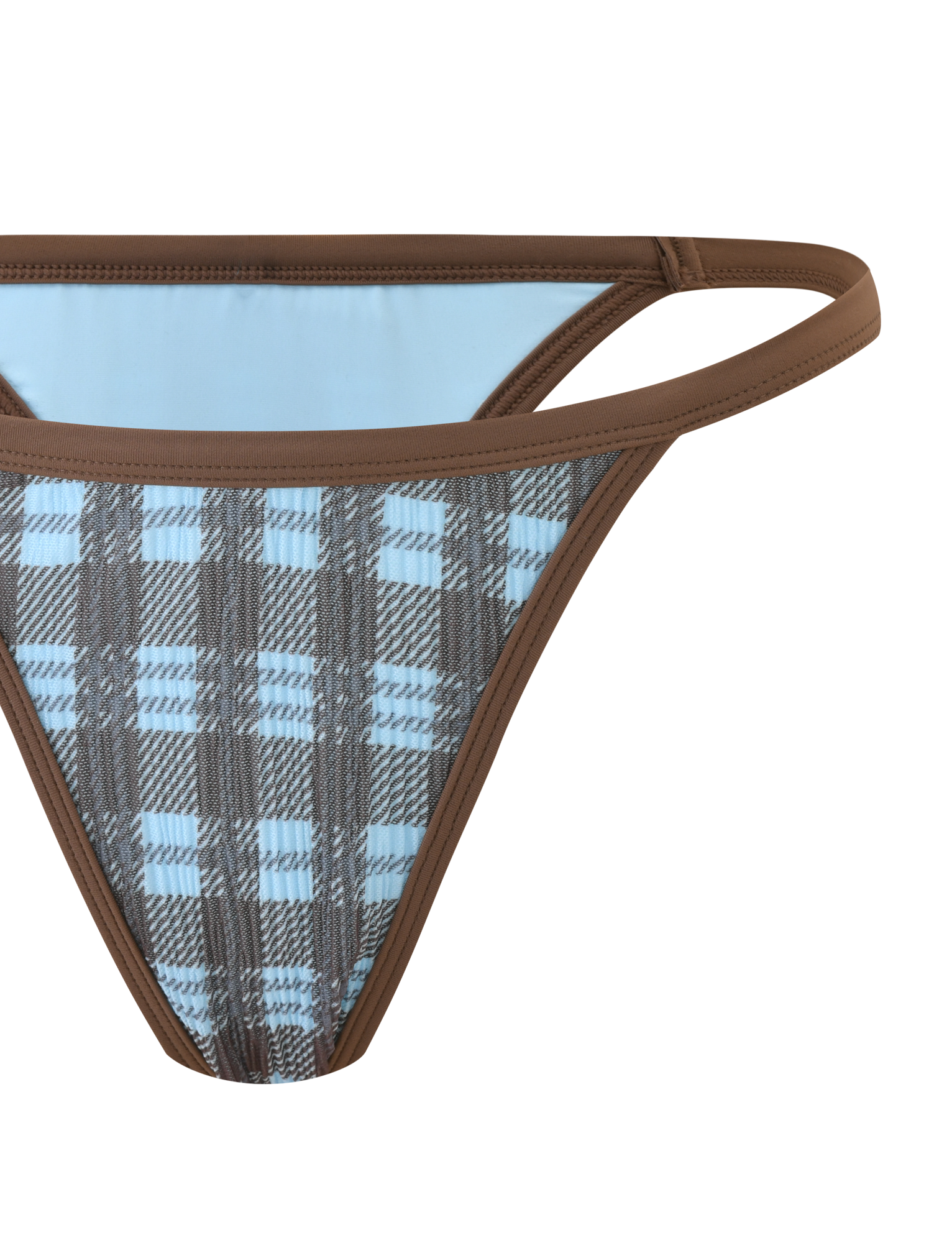 Close-up of the TIGERMIST CITRINE BIKINI BOTTOM - BLUE CHECK: a low-rise bikini bottom with blue check pattern, brown trim, and double side straps, shown against a plain light background.