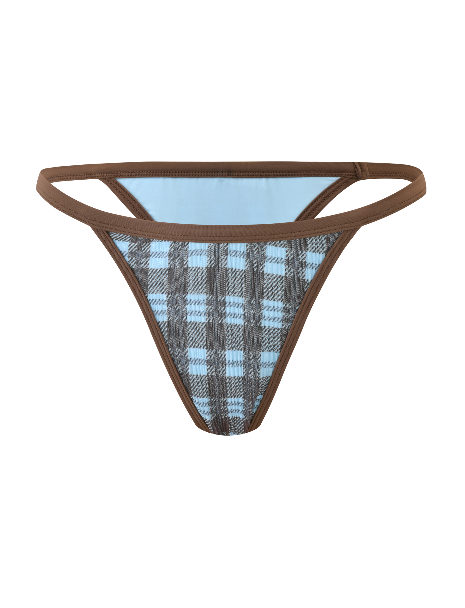 The TIGERMIST CITRINE BIKINI BOTTOM - BLUE CHECK features a low-rise blue and black plaid design with brown waistband and trim, shown on a plain white background.