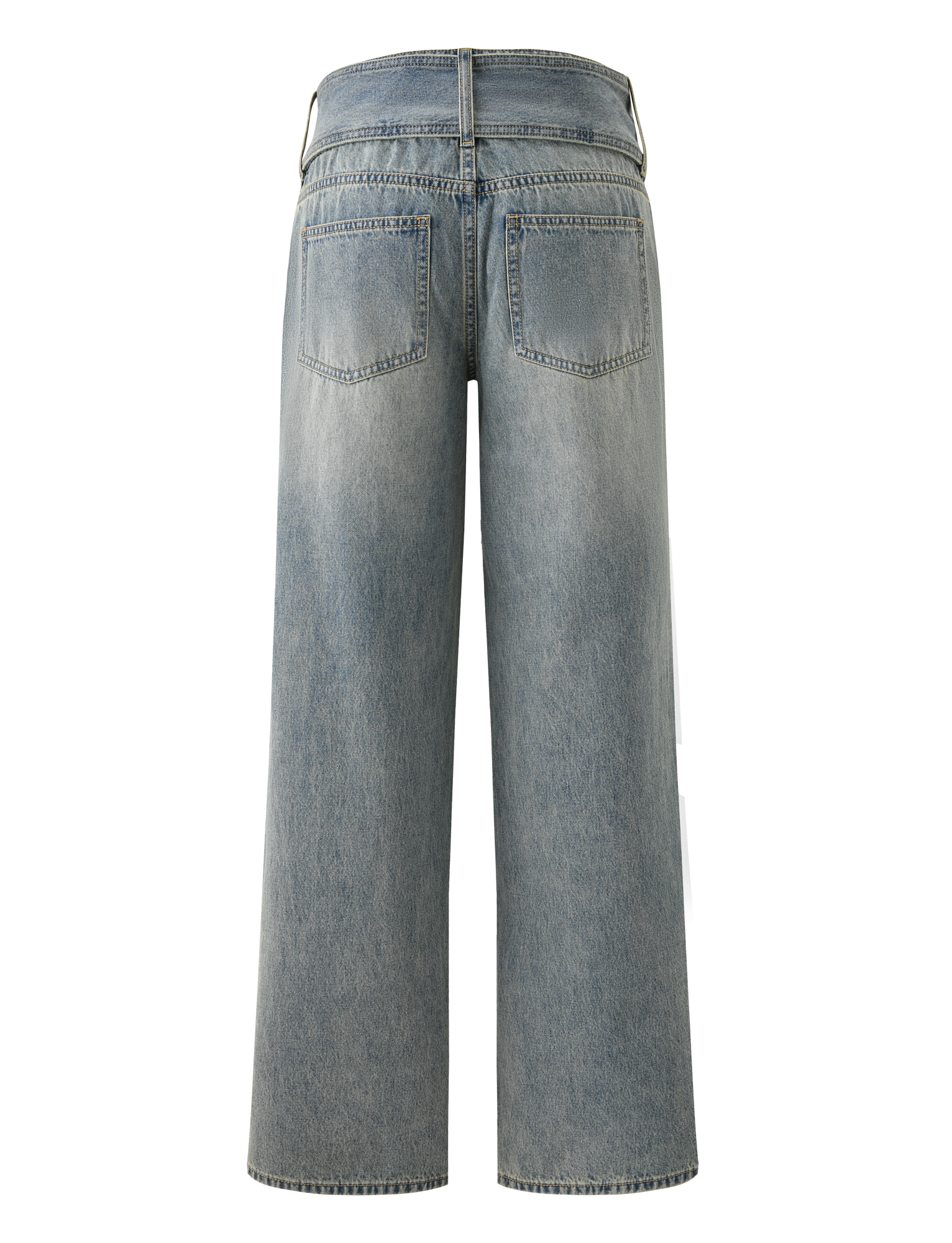Back view of TIGERMIST REEF JEAN - LIGHTWASH: relaxed-fit, wide-leg cropped blue jeans with two back pockets and visible stitching, shown on a plain white background.
