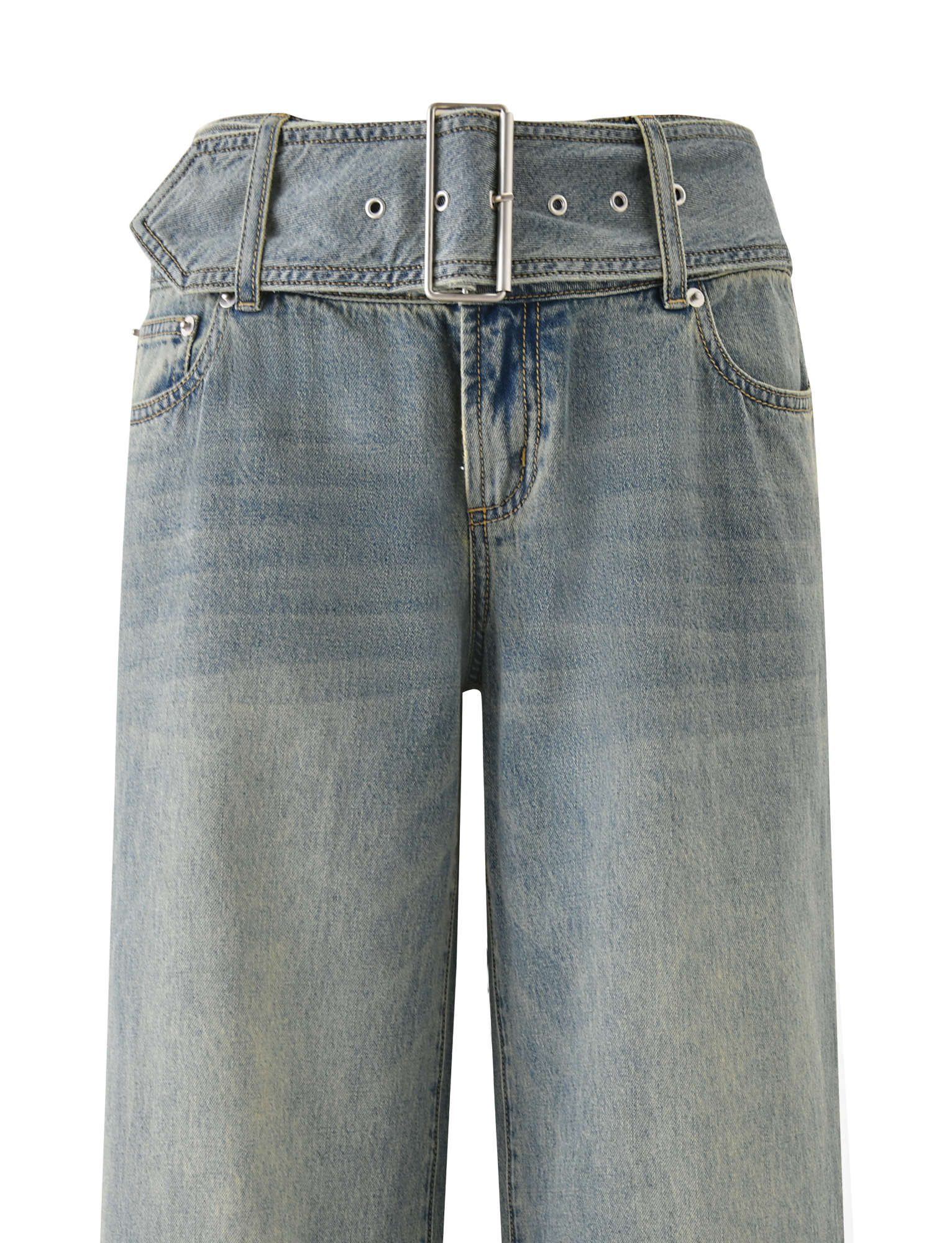 TIGERMIST's REEF JEAN - LIGHTWASH: Light blue high-waisted boyfriend jeans with a matching denim belt, wide belt loops, relaxed fit, straight leg cut, and a slightly faded wash.