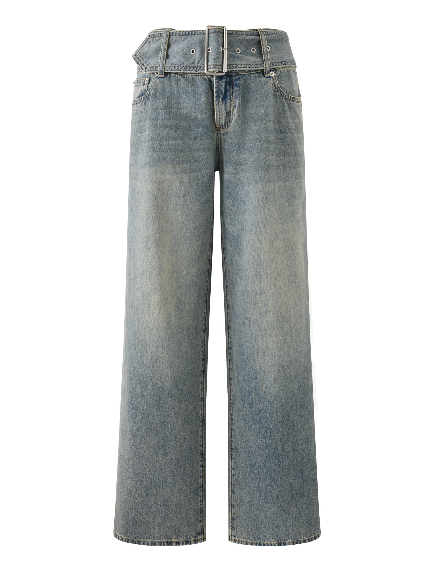 The REEF JEAN - LIGHTWASH by TIGERMIST features a high waist, wide-leg fit, matching denim belt with metallic grommets, vintage wash, and front pockets for a relaxed look.