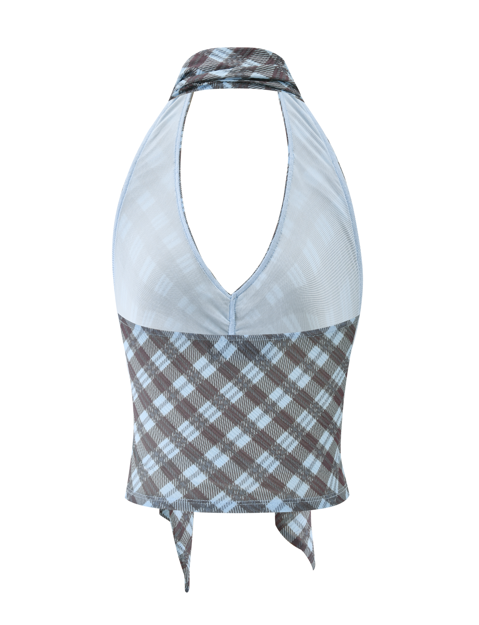 The NOBLE TOP - BLUE CHECK by TIGERMIST is a sleeveless halter top with a plunge neckline, brown and blue check pattern, back ties, sculpted silhouette, and slightly sheer fabric near the shoulders and neckline.