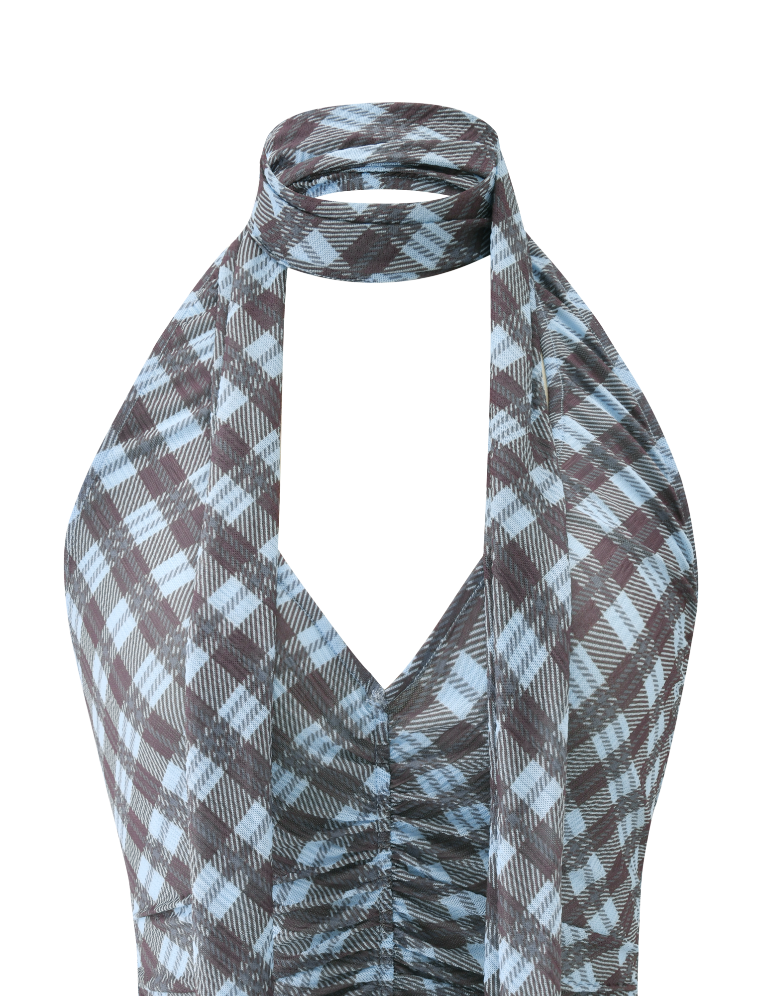 Close-up of the TIGERMIST NOBLE TOP - BLUE CHECK, featuring a plunge neckline halter style with an attached neck scarf and a modern brown and blue check pattern on white for a sculpted silhouette.