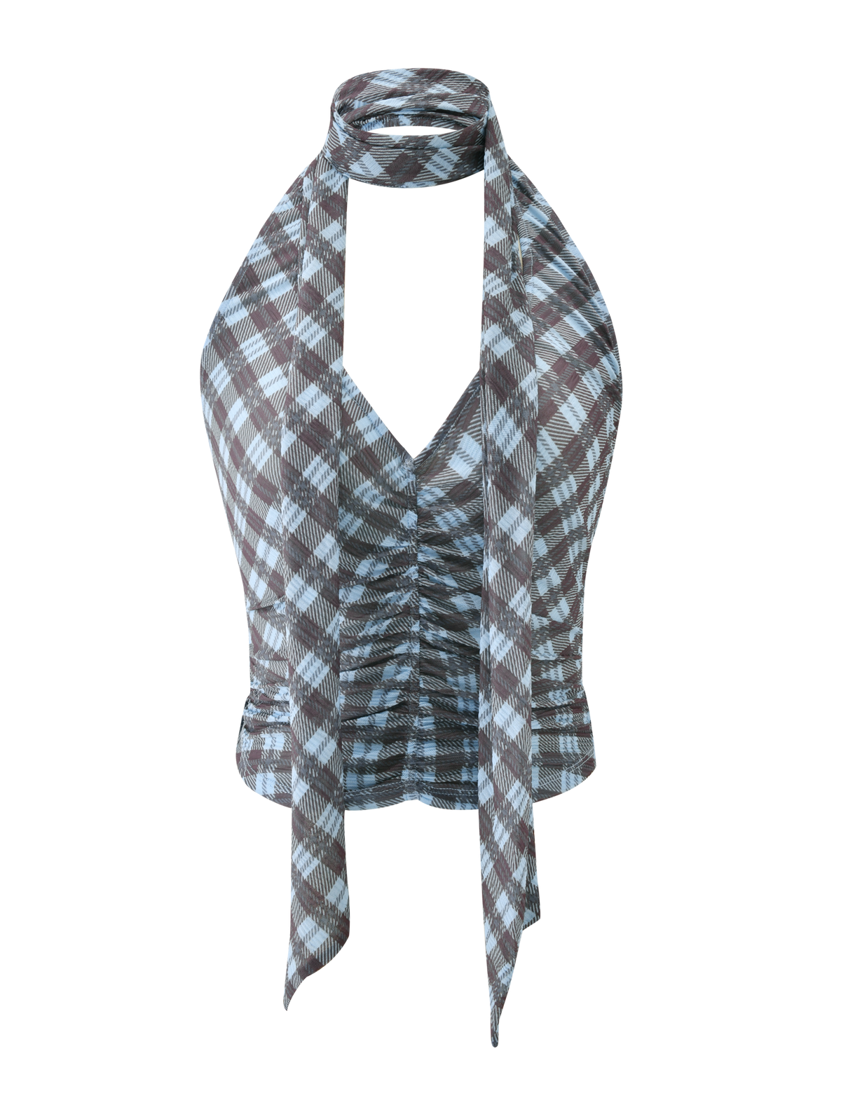 The TIGERMIST NOBLE TOP - BLUE CHECK is a sleeveless halter top with a plunge neckline, ruched front, blue check plaid pattern, and an attached matching neck scarf, displayed against a plain white background.