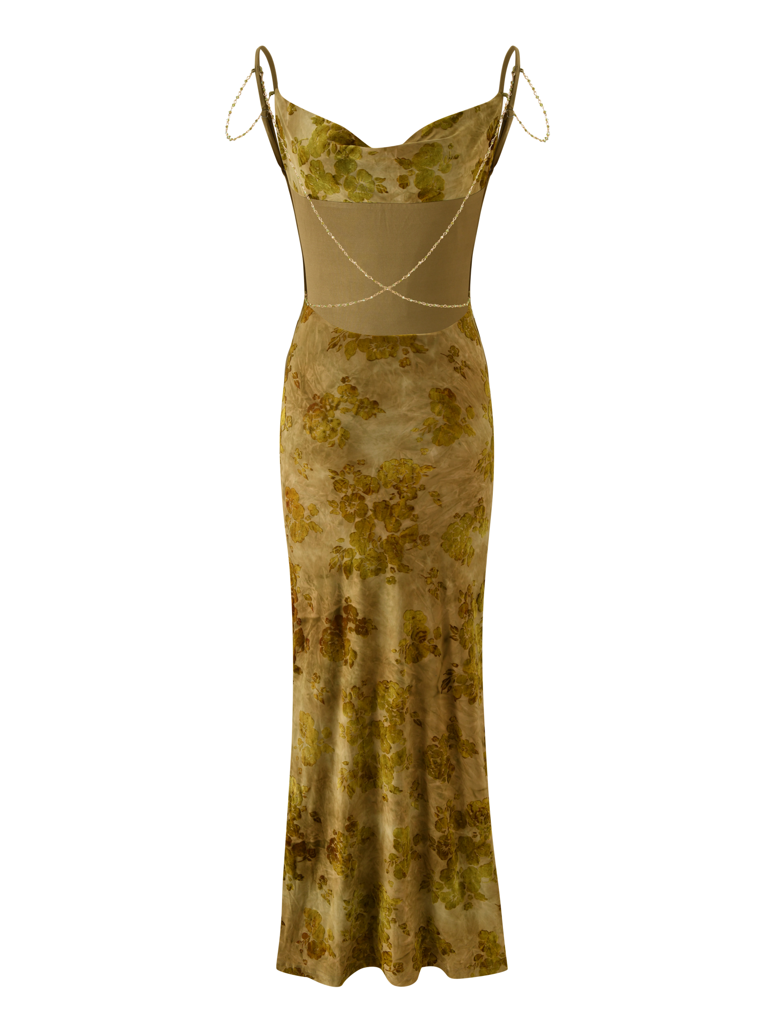 The TIGERMIST SPARROW MAXI DRESS - GREEN BURNOUT is a long, fitted green floral velvet dress with a sheer midsection, thin pearl-like straps, and a sweetheart neckline, shown against a plain white background.