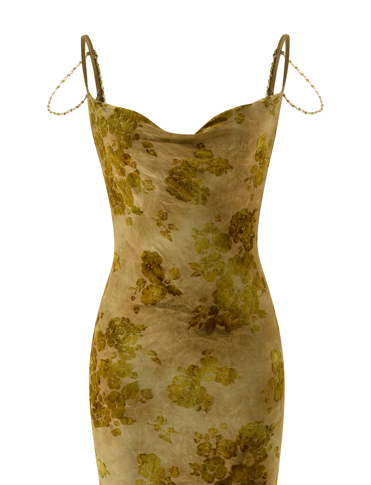 The TIGERMIST SPARROW MAXI DRESS - GREEN BURNOUT is a sleeveless, form-fitting dress with thin straps and a draped neckline, showcasing yellow and green floral patterns on a light brown base.