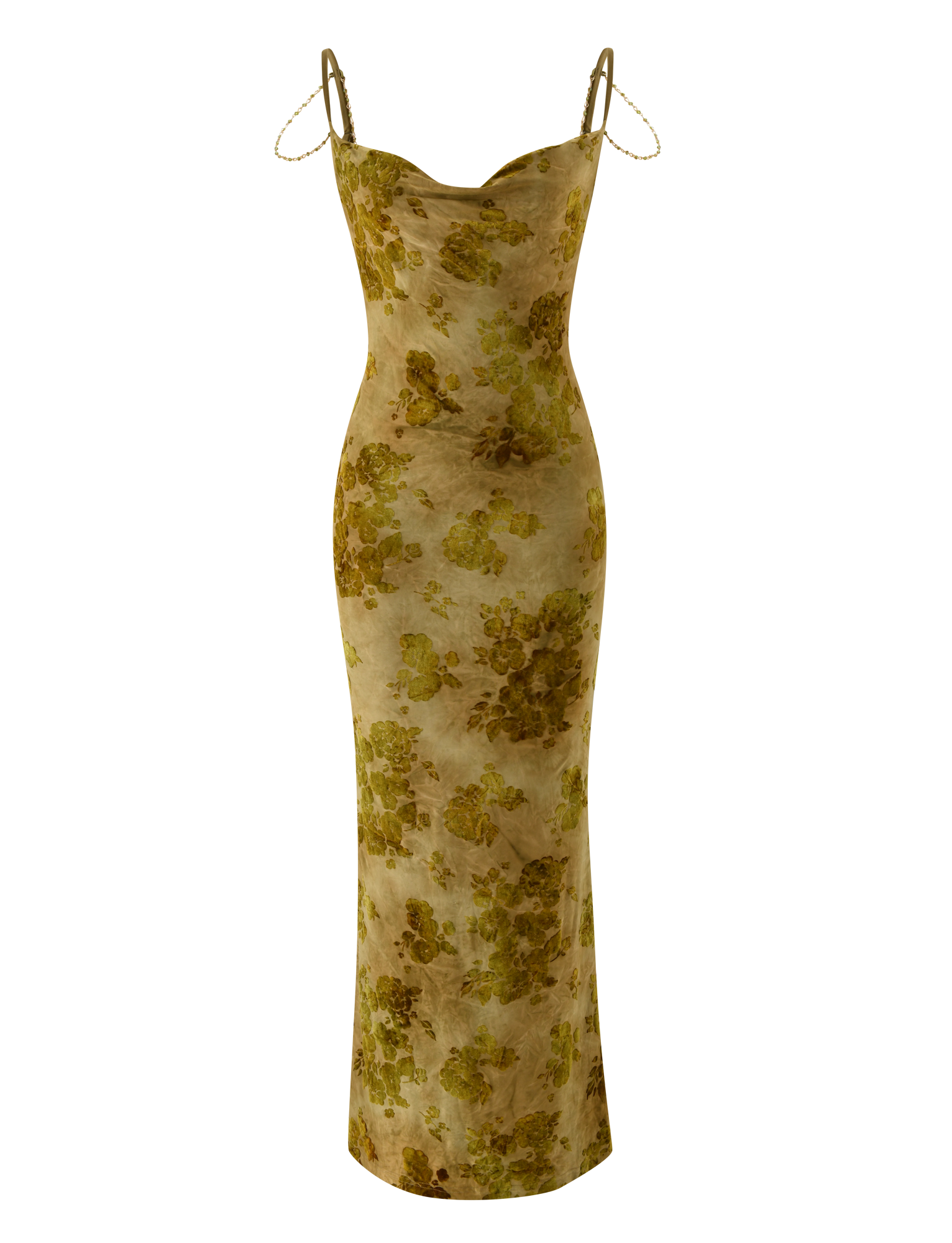 The SPARROW MAXI DRESS - GREEN BURNOUT by TIGERMIST is a sleeveless, floor-length dress with spaghetti straps, a fitted silhouette, draped neckline, and gold-green floral patterns on beige for an elegant maxi look.