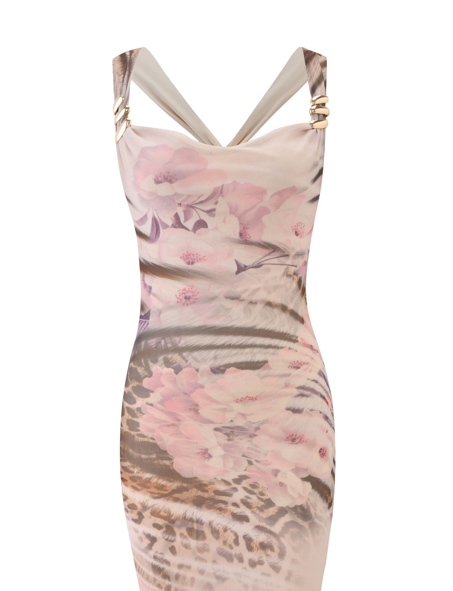 The TIGERMIST TAMARIN MAXI DRESS - MOODY ANIMAL FLORAL features wide straps, gold-tone buckle accents, and a soft pink floral-animal print—ideal for those who love a bold, sleeveless bodycon maxi look.