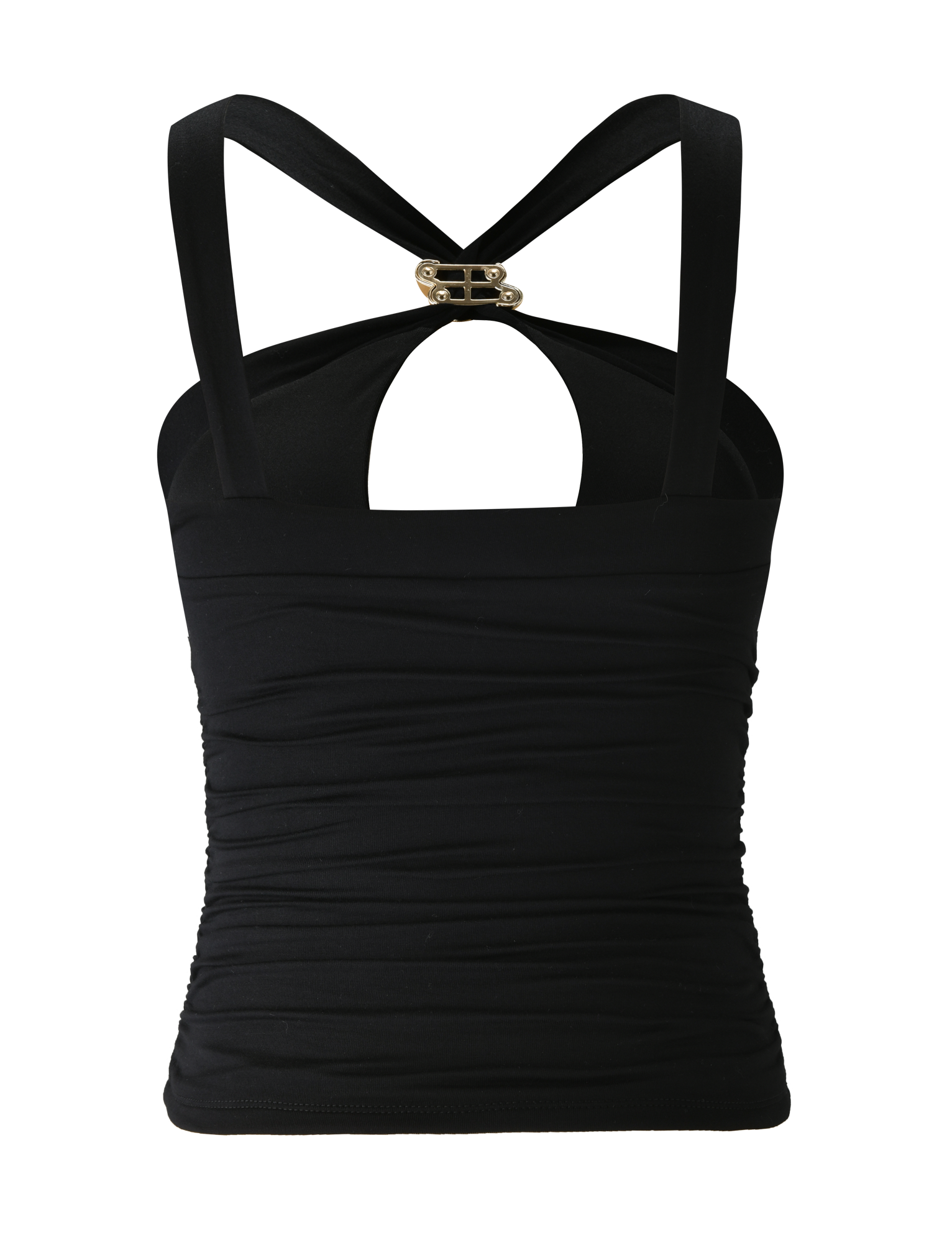 The FINCH TOP - BLACK by TIGERMIST features wide crisscross straps, a keyhole cutout, sleeveless ruched design, and a gold-tone clasp at the back for a halter-inspired look.