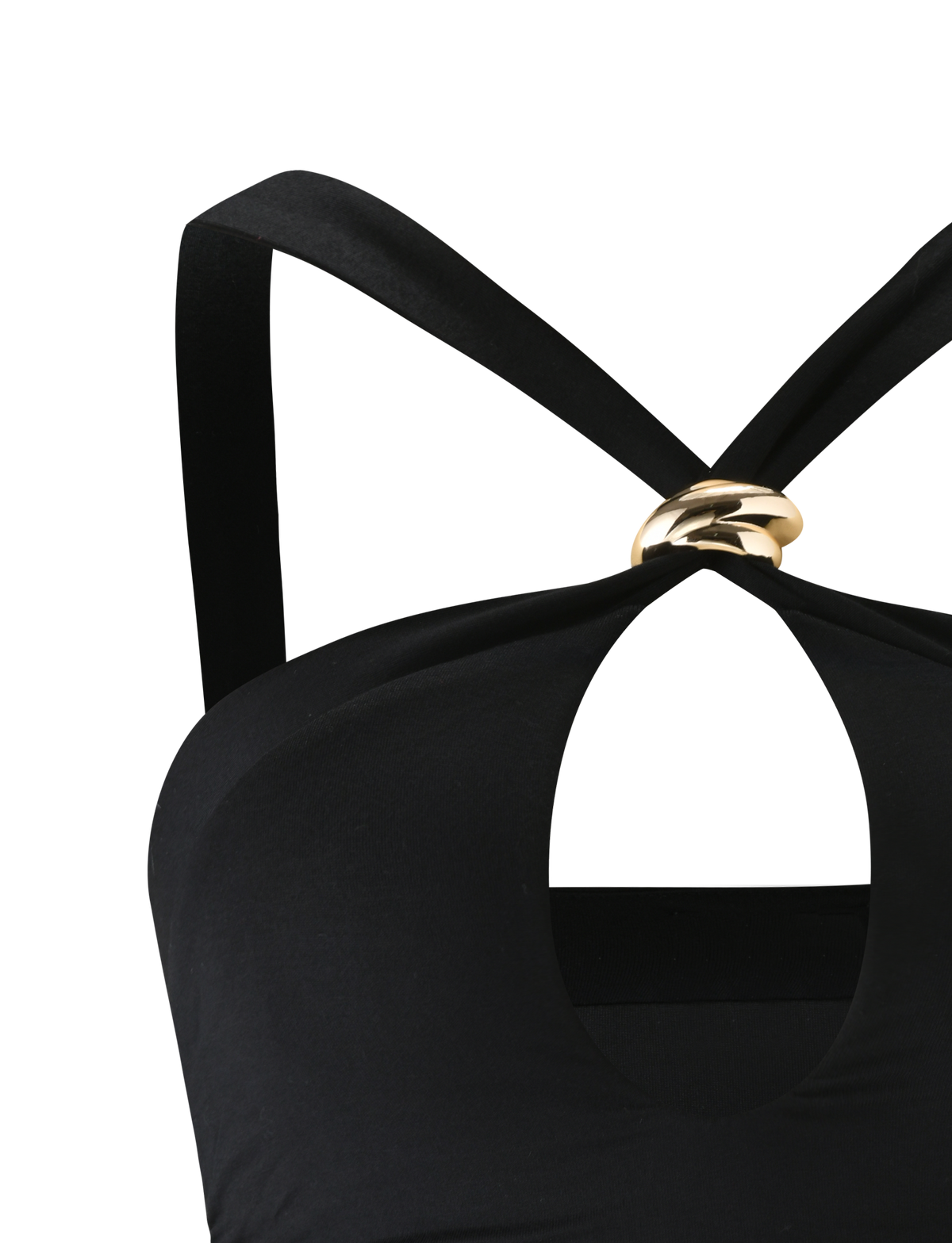 Close-up of the FINCH TOP - BLACK by TIGERMIST: a black keyhole top with thick straps crossing at the back and meeting at the front with a round gold accent above the cutout, set against a white background.