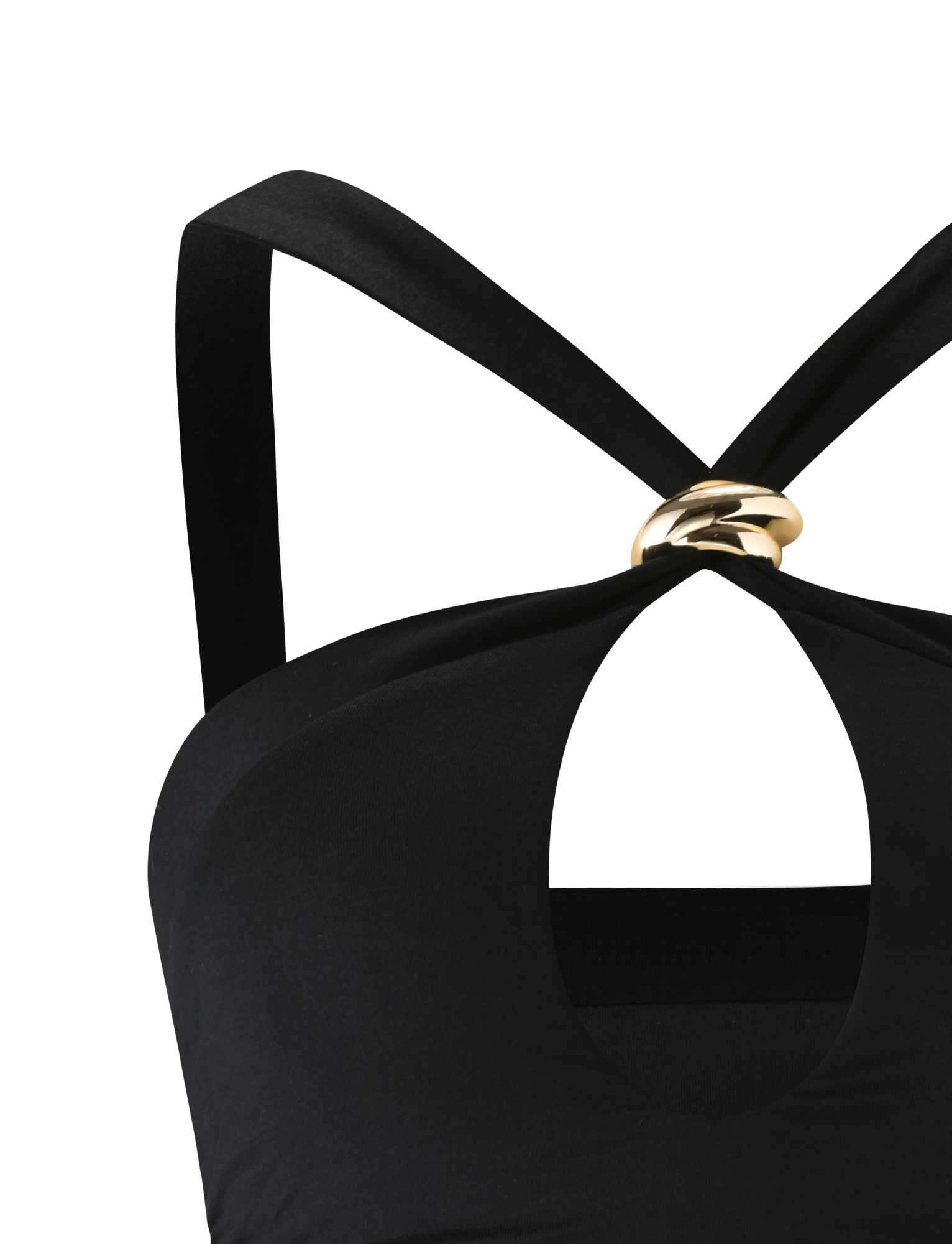 Close-up of the FINCH TOP - BLACK by TIGERMIST: a black keyhole top with thick straps crossing at the back and meeting at the front with a round gold accent above the cutout, set against a white background.