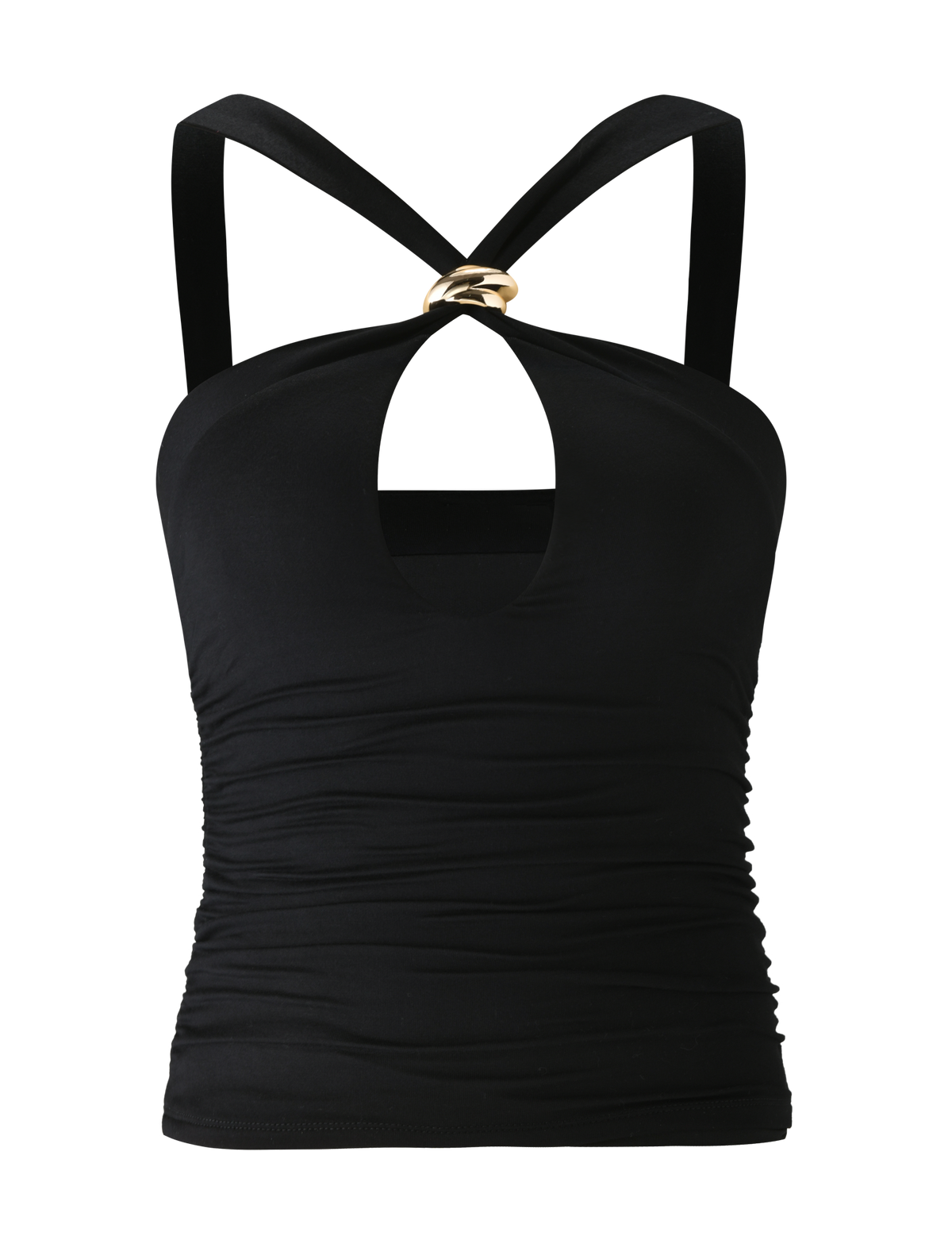 The FINCH TOP - BLACK by TIGERMIST is a sleeveless halter with a keyhole front cutout, gold ring detail at the neckline, and ruched sides—the perfect chic going-out top.