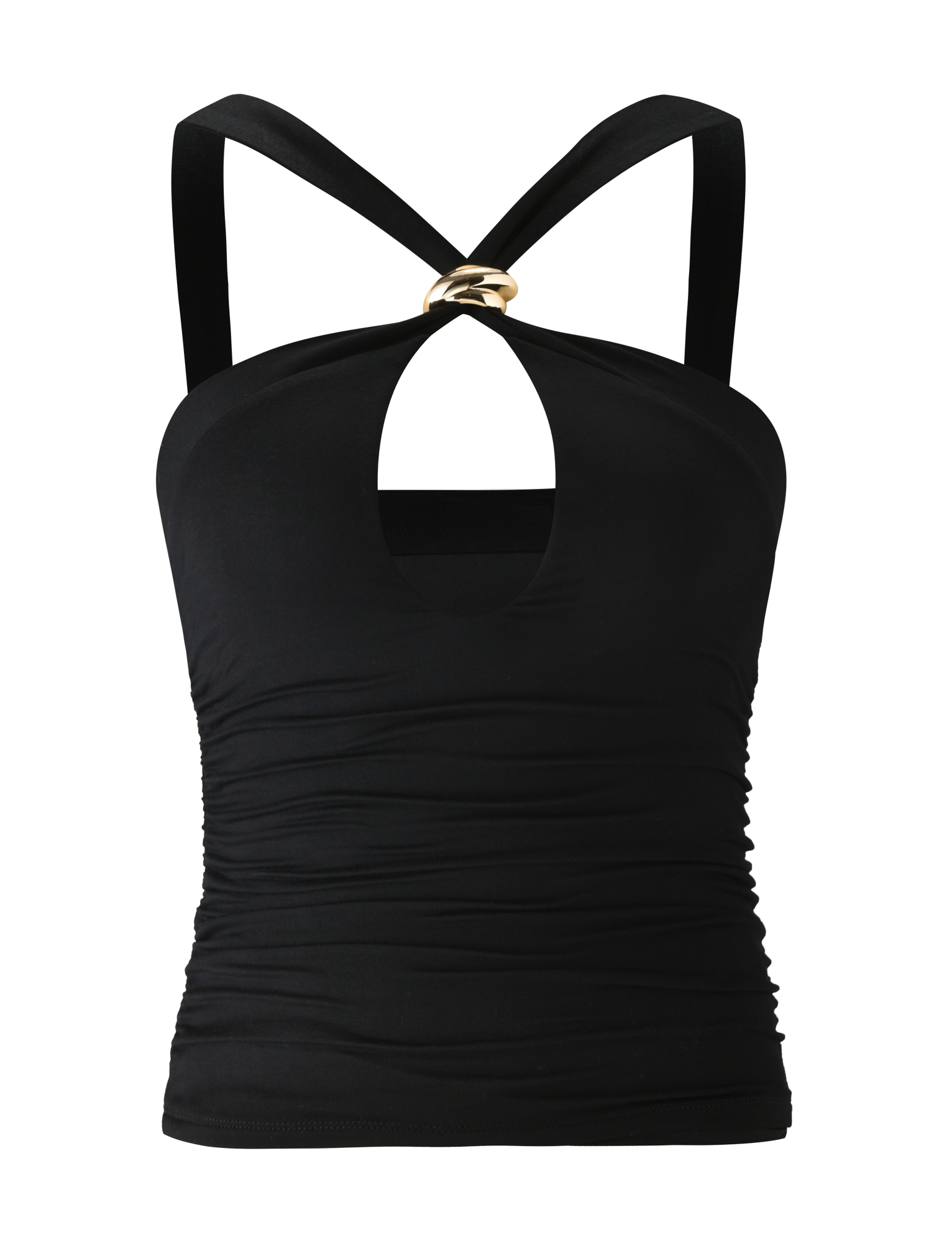 The FINCH TOP - BLACK by TIGERMIST is a sleeveless halter with a keyhole front cutout, gold ring detail at the neckline, and ruched sides—the perfect chic going-out top.