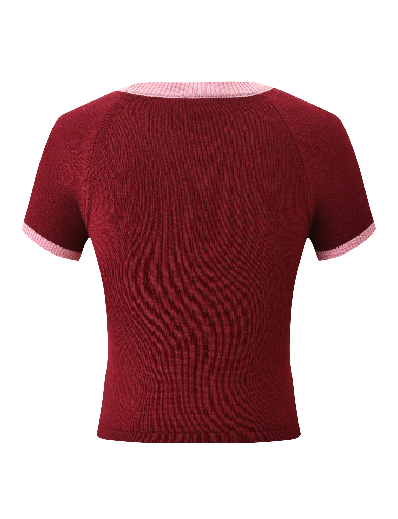 The ROUX TOP - RED by TIGERMIST is a short-sleeved, fitted knit top in red, featuring pink accent details and light pink ribbed trim on the collar and sleeve cuffs.