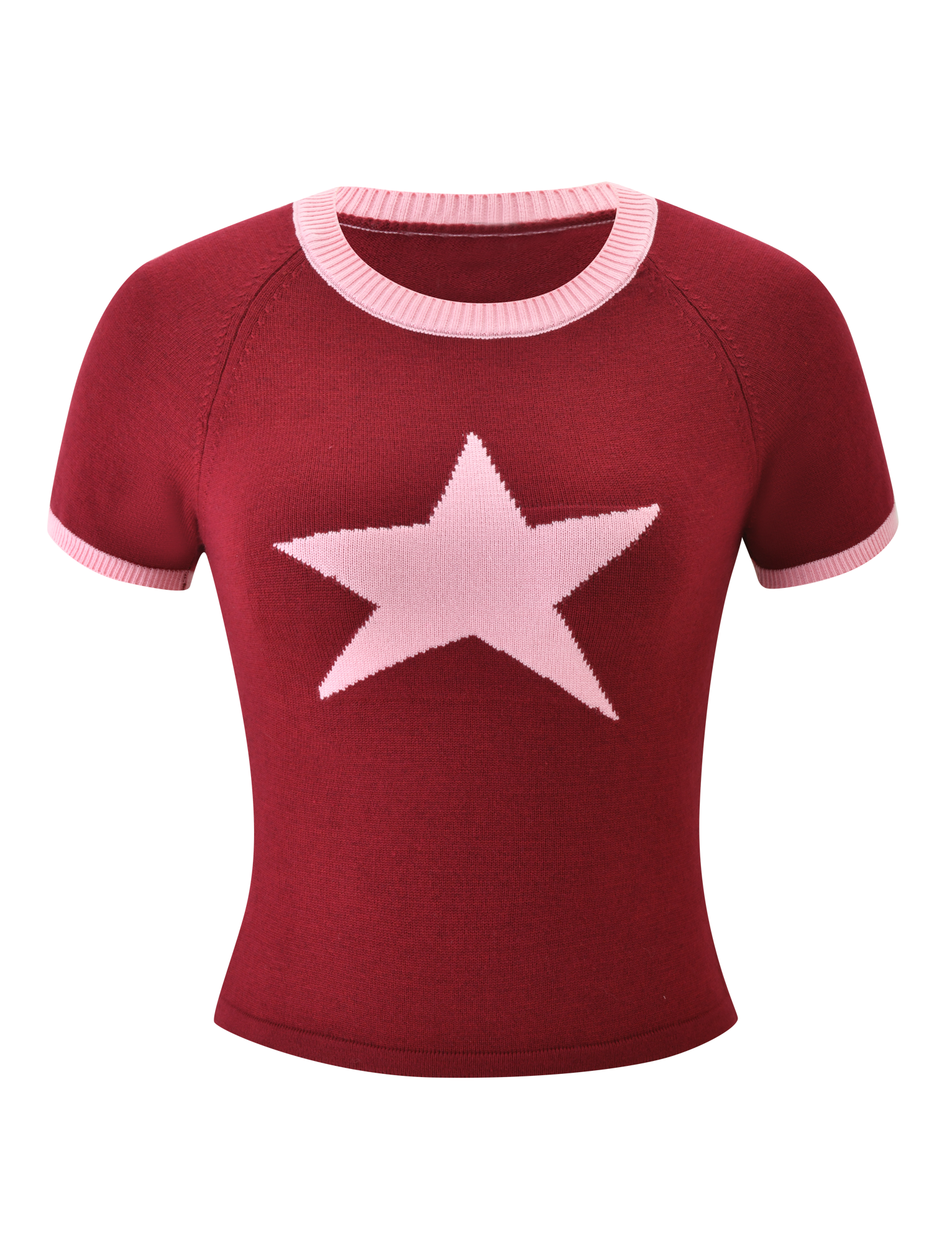 The ROUX TOP - RED by TIGERMIST is a fitted short-sleeve knit top with pink accents on the collar and sleeves and a large light pink asymmetrical star on the chest.