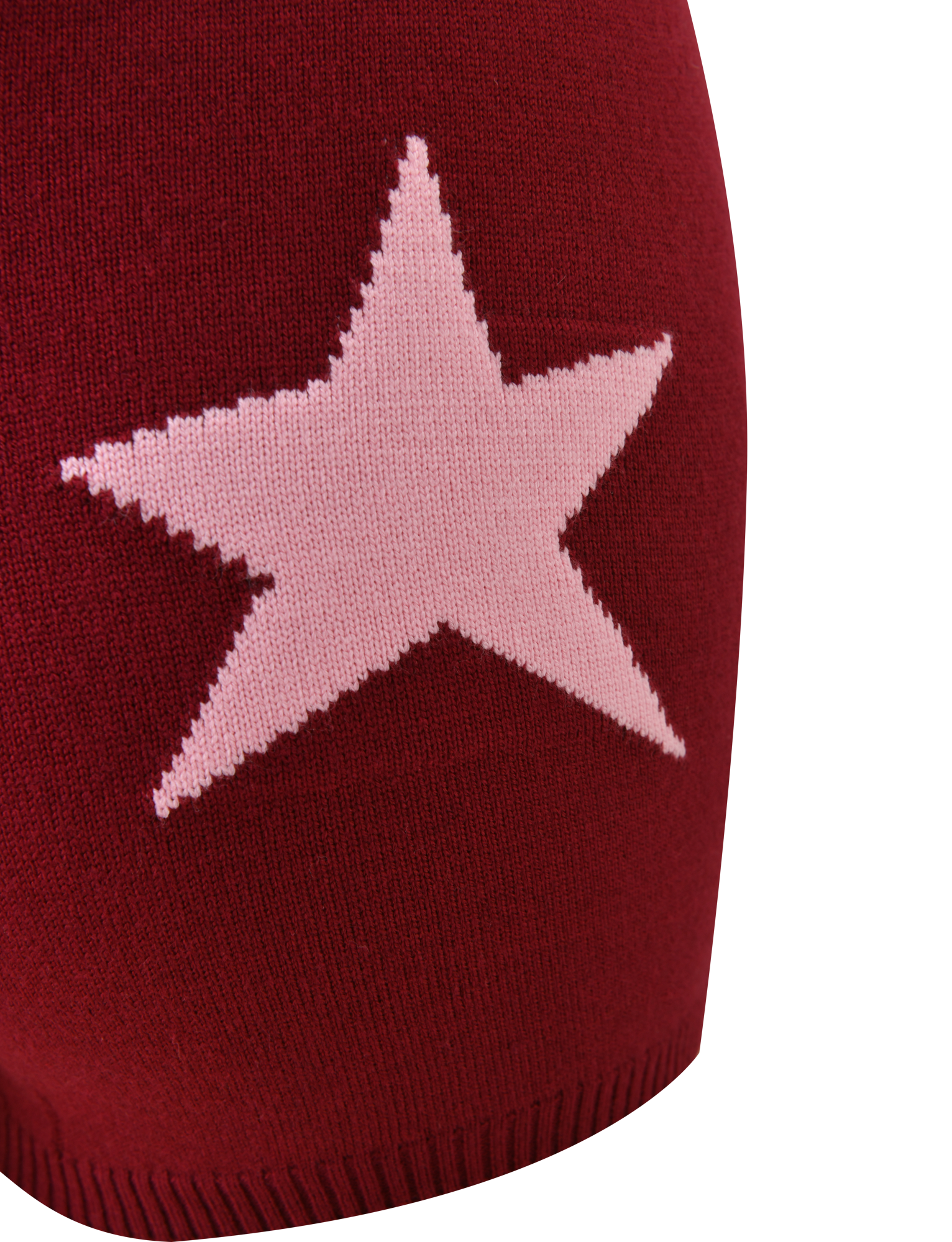 The ROUX SHORT - RED by TIGERMIST is a red knit short featuring a bold white asymmetrical star graphic at the center, crafted from soft knit fabric with visible texture and finished with ribbed edging at the hem.