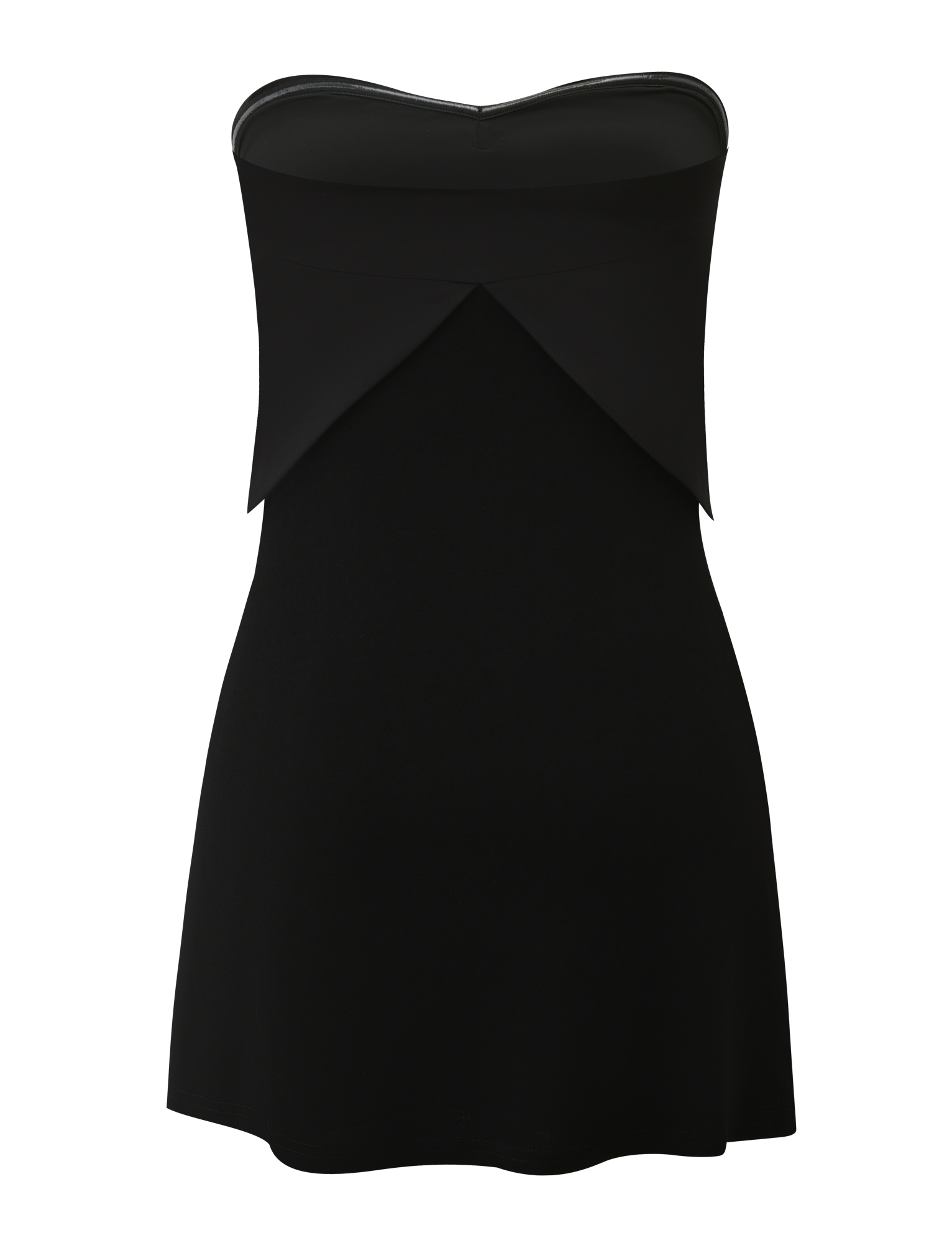 The TIGERMIST GROVE MINI DRESS - BLACK is a strapless black mini dress with a fitted bodice and triangular waist overlay, ideal for a chic look, shown on a plain white background.