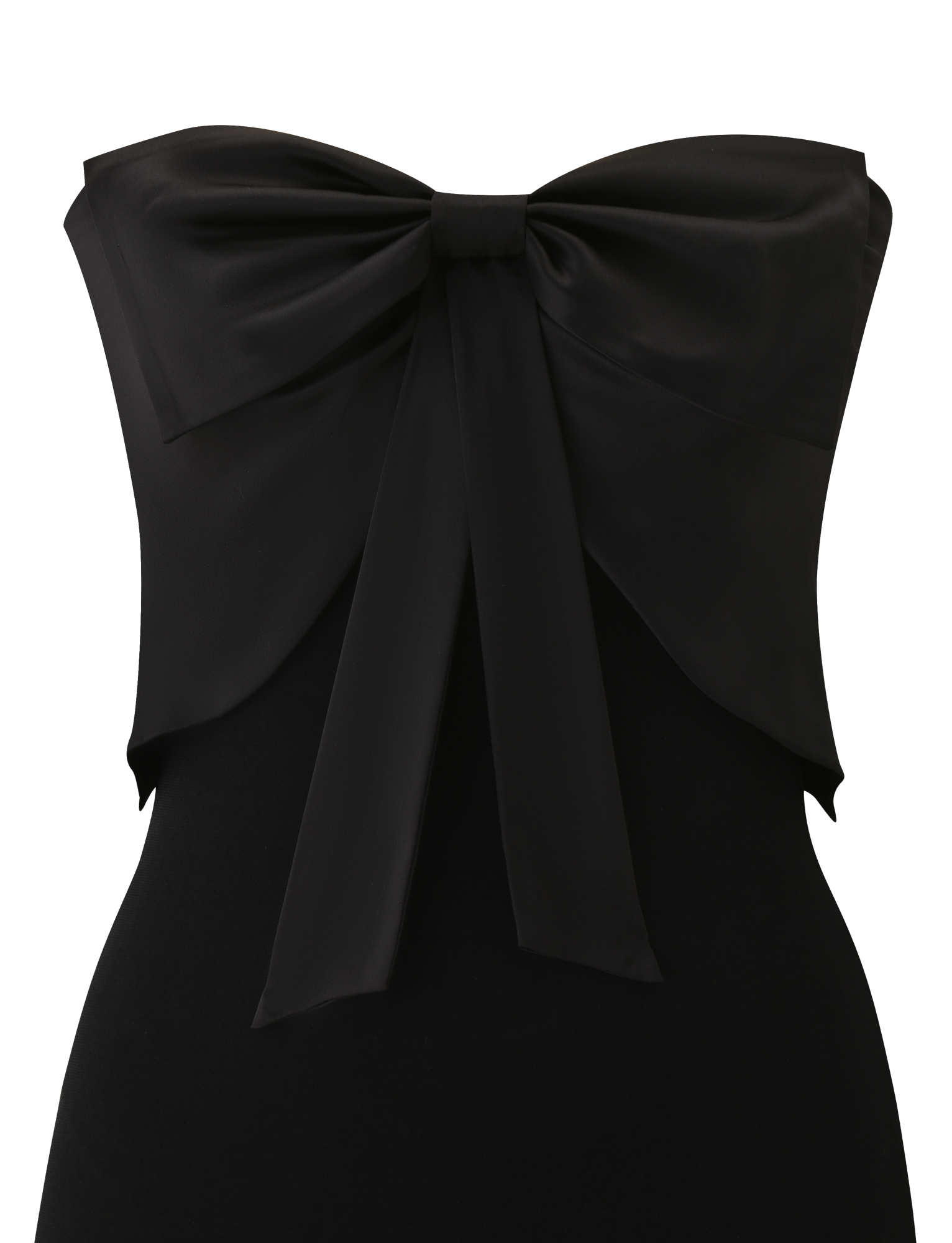 The GROVE MINI DRESS - BLACK by TIGERMIST is a strapless black mini dress with a standout satin chest bow and long ribbon ties draping down the front.