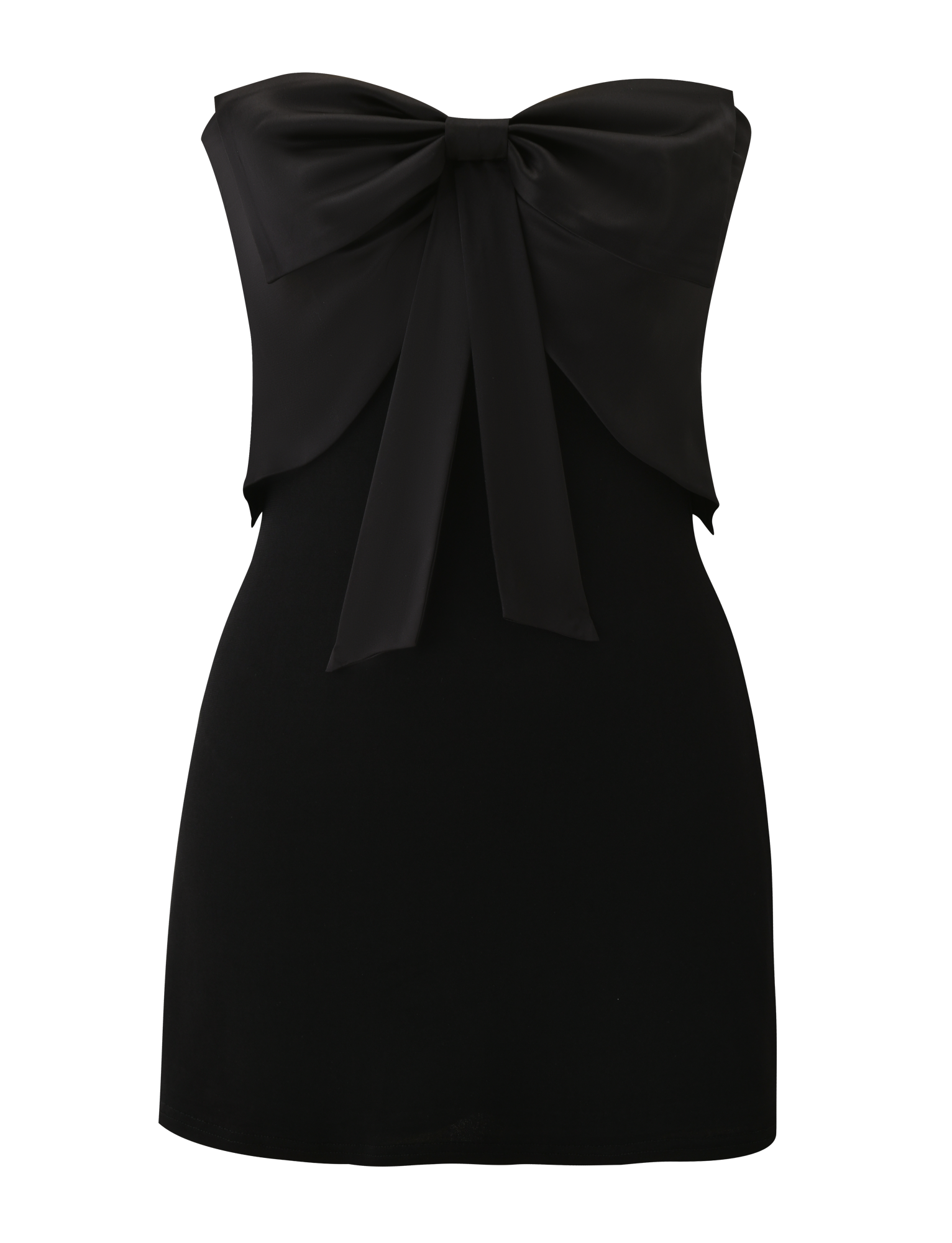 The GROVE MINI DRESS - BLACK by TIGERMIST is a strapless, fitted mini dress made from shiny fabric, featuring a bold satin bow across the chest and a plain silhouette, shown against a white background.