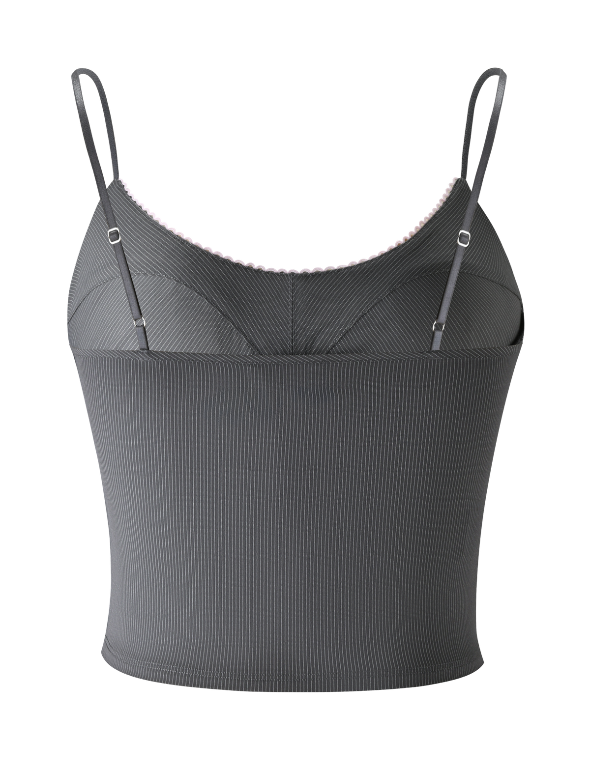 The TIGERMIST EMORY TOP in grey pinstripe features adjustable straps and a subtle sweetheart neckline, shown against a plain white background.