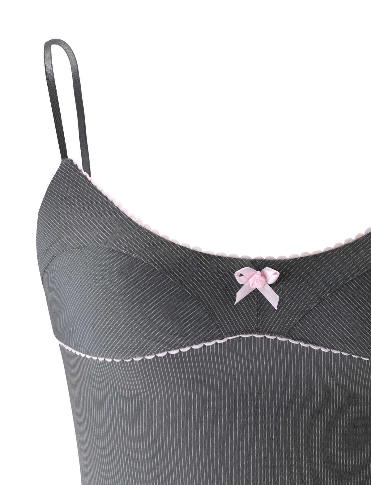 Close-up of the TIGERMIST EMORY TOP in grey pinstripe, featuring thin adjustable straps, pink scalloped trim on the scoop neckline, and a small pink bow at the center front.
