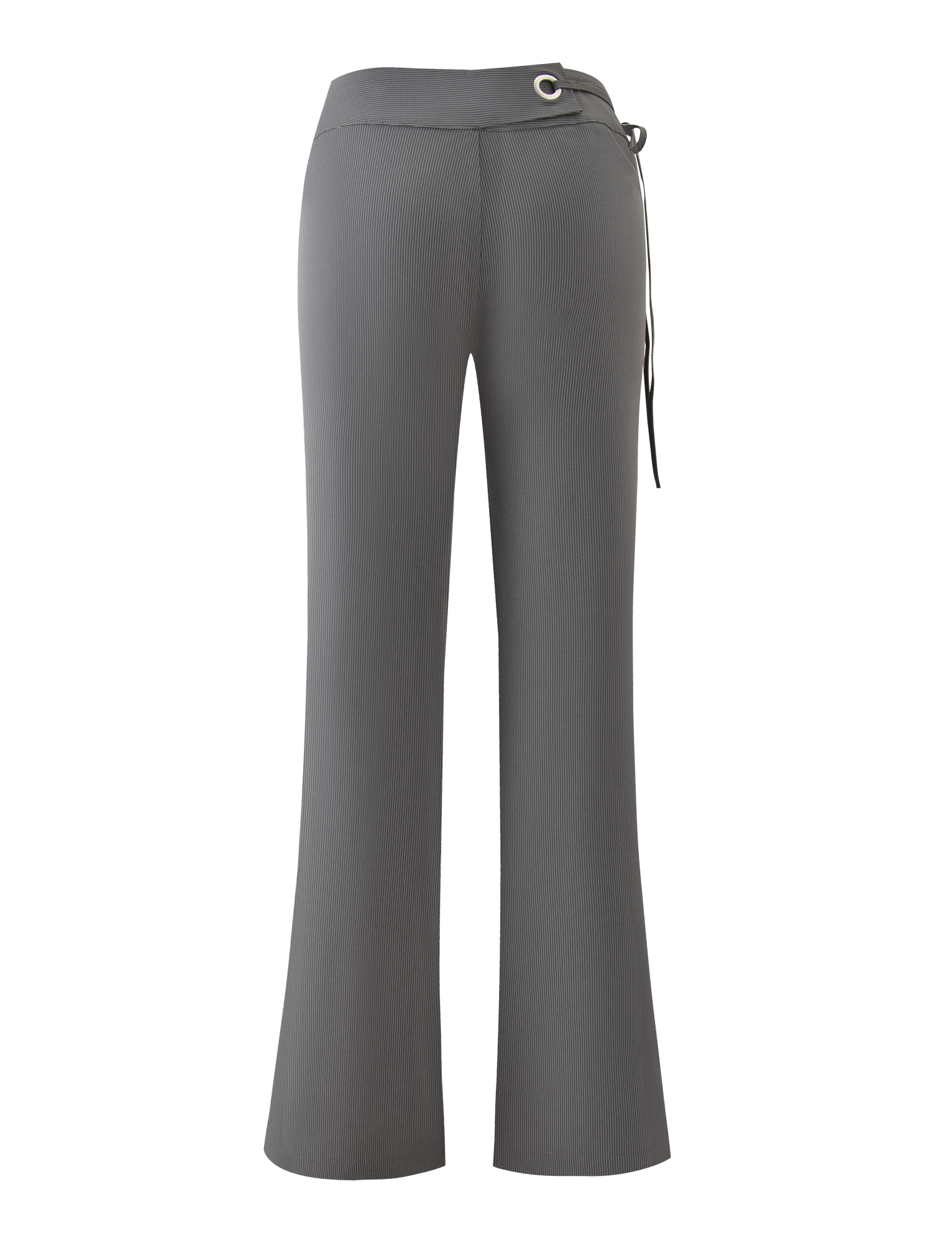 Back view of the TIGERMIST EMORY PANT in grey pinstripe, showcasing a high-waisted wide-leg fit with side-tie and eyelet detail at the waistband, set against a plain white background.