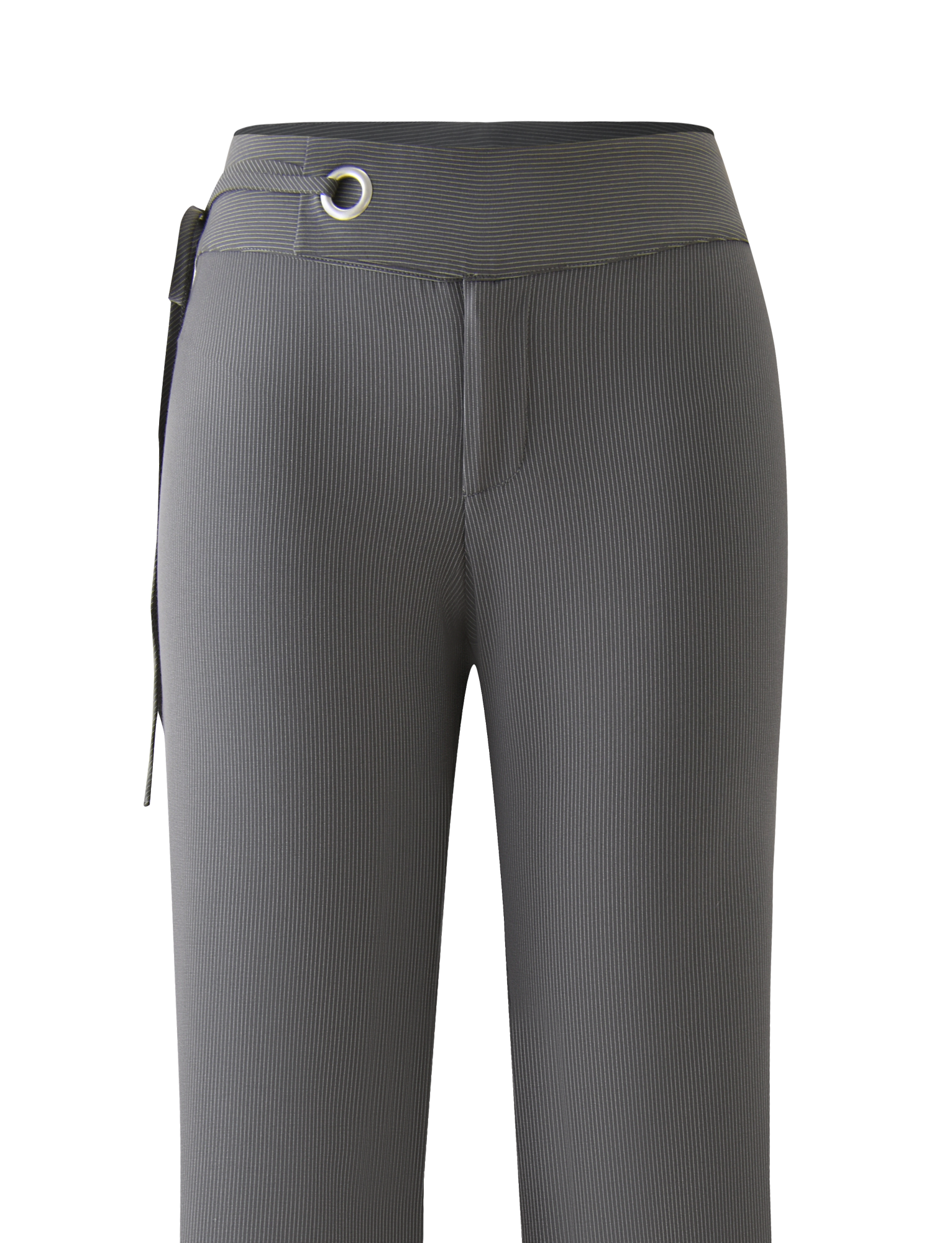 The EMORY PANT - GREY PINSTRIPE by TIGERMIST features a high-waisted, straight-leg design with silver grommet detail and a matching wide belt at the waistband for a sleek, pocketless finish.